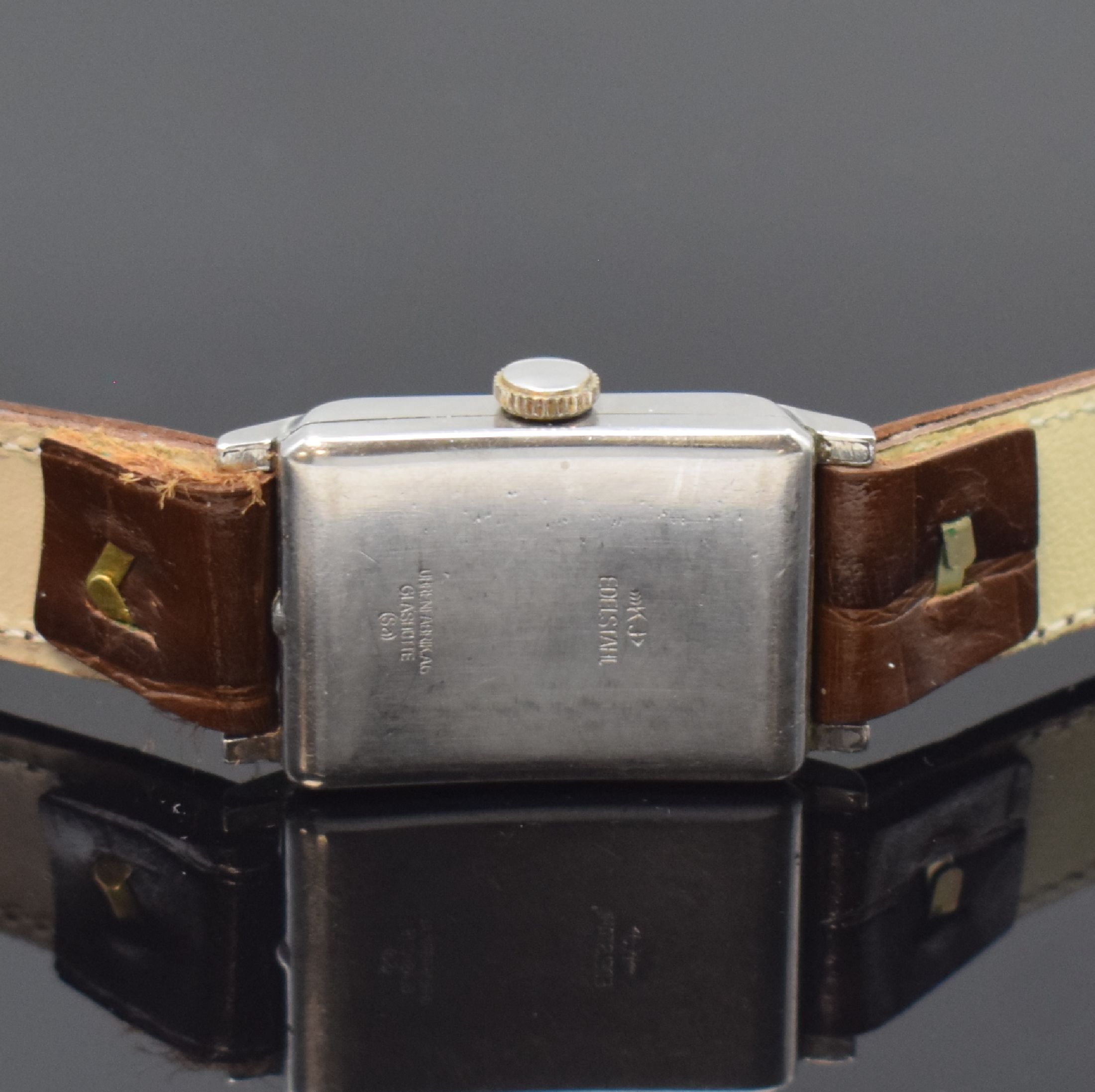 Detail c: TUTIMA GLASHÜTTE Armbanduhr mit Kaliber Urofa 58 in Stahl, Deutschland um 1935, Handaufzug, rechteck. Geh., Boden aufgedr., silb. Zifferbl. ...