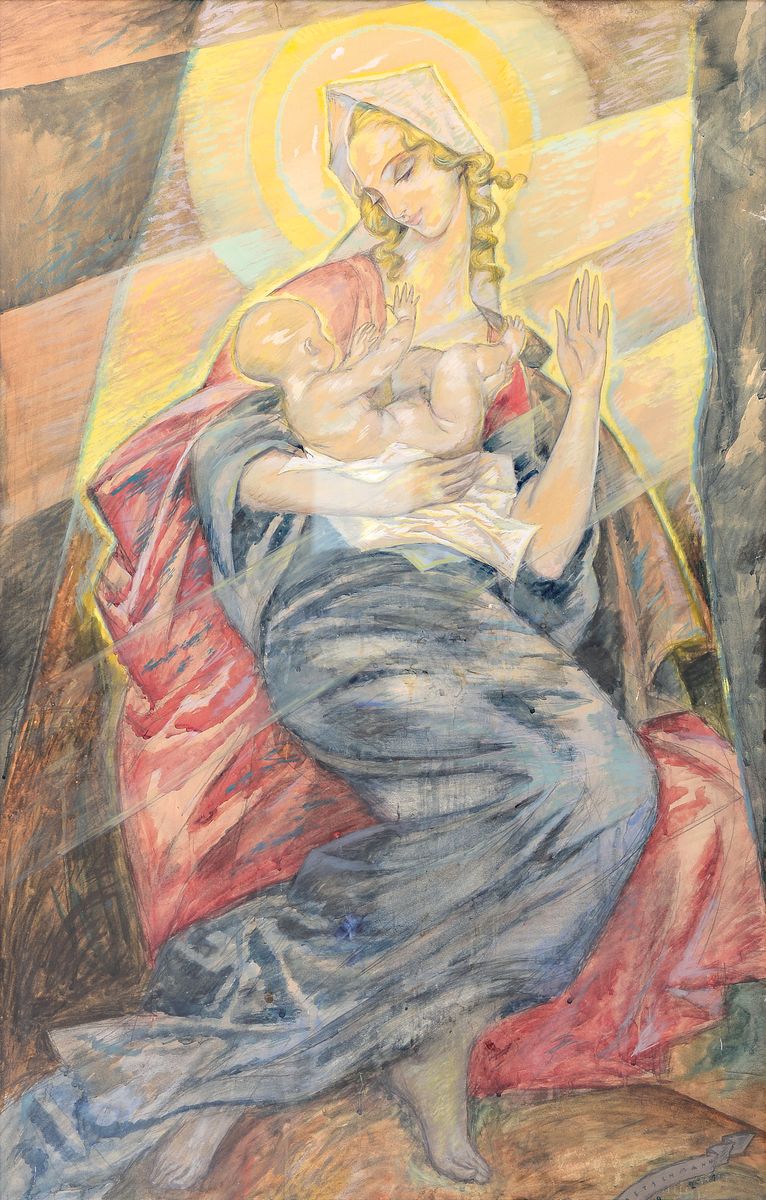 Cretschmann, datiert 1921, Madonna mit Kind im Licht, Aquarell auf Papier, rechts unten signiert und dat., ca. 130x84cm, u.Gl., R. ca. 146x100cm
