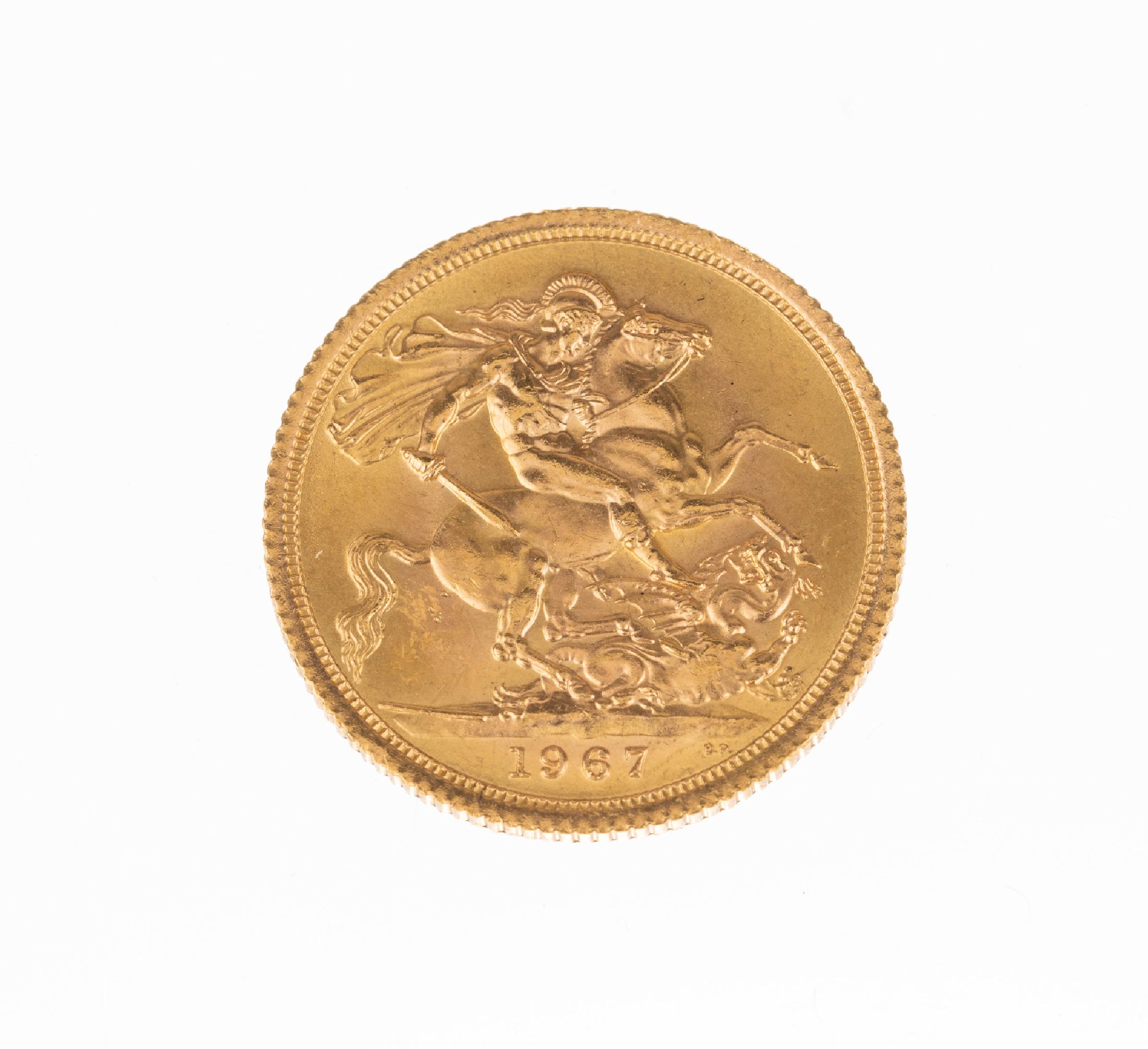 Detail a: Goldmünze Sovereign, Großbritannien, 1967, Elizabeth II., RV: Heiliger Georg hoch zu Rossim Kampf mit dem Drachen