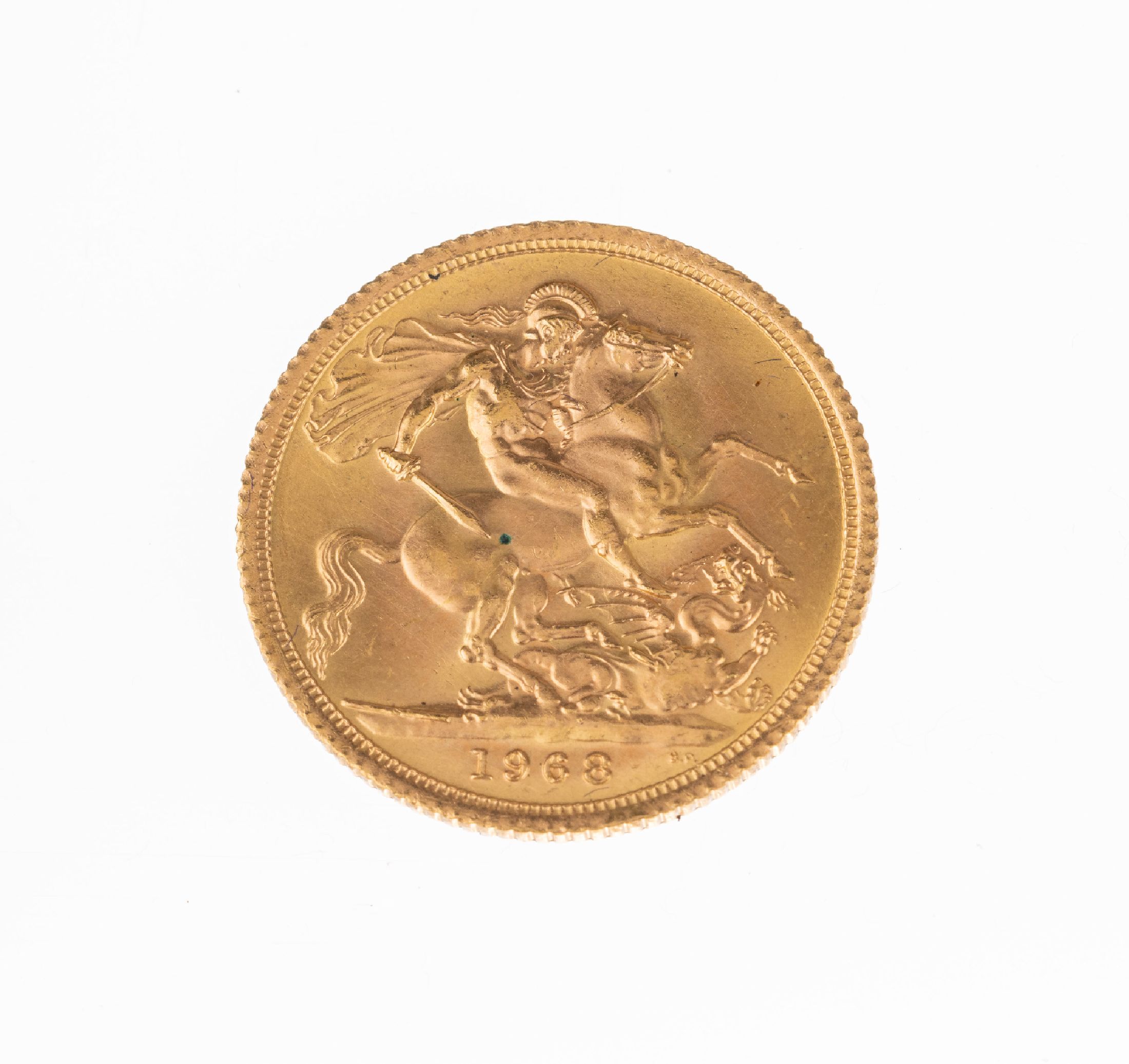 Detail a: Goldmünze Sovereign, Großbritannien, 1968, Elizabeth II., RV: Heiliger Georg hoch zu Rossim Kampf mit dem Drachen