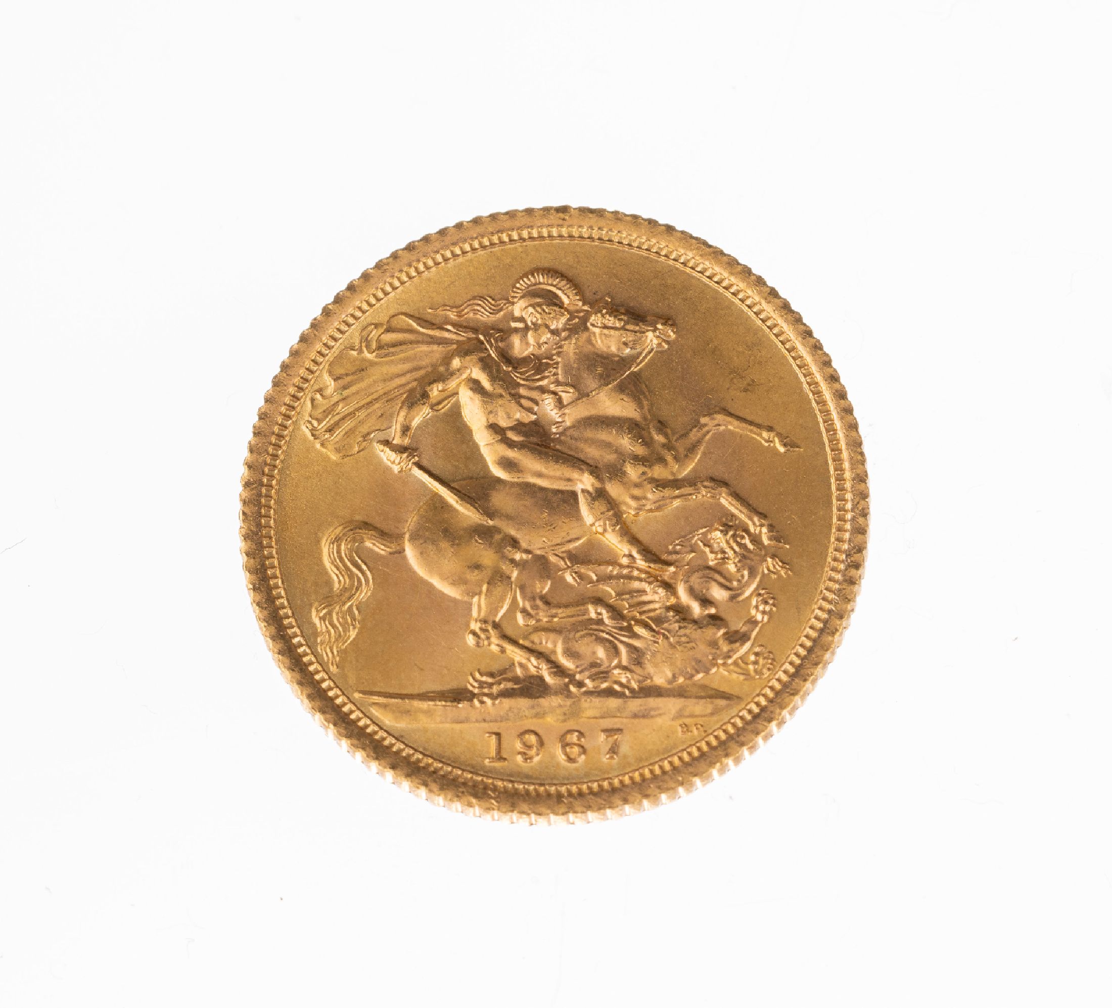 Detail a: Goldmünze Sovereign, Großbritannien, 1967, Elizabeth II., RV: Heiliger Georg hoch zu Rossim Kampf mit dem Drachen