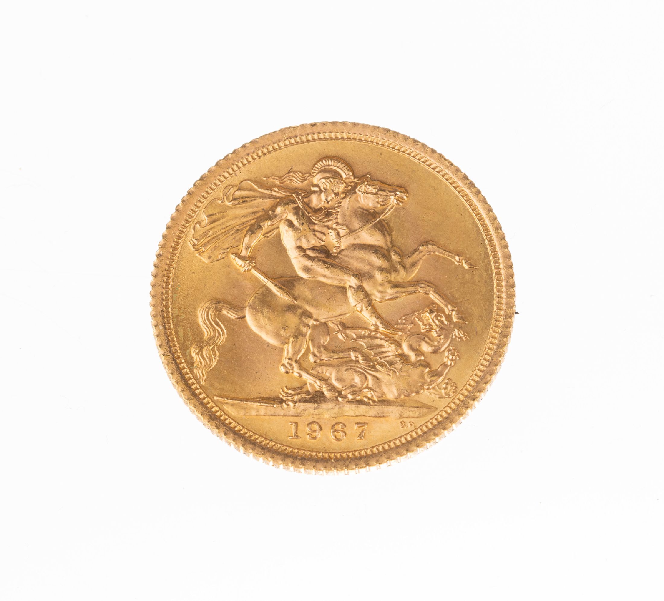 Detail a: Goldmünze Sovereign, Großbritannien, 1967, Elizabeth II., RV: Heiliger Georg hoch zu Rossim Kampf mit dem Drachen