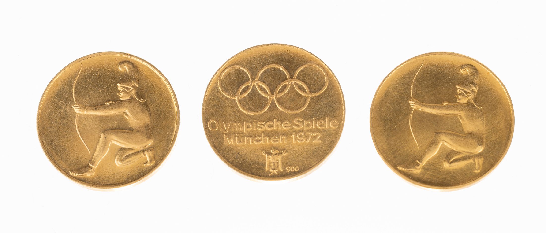 Konvolut 3 Goldmedaillen "Olympische Spiele 1972", GG 900/000, jeweils RV mit Bogenschützen