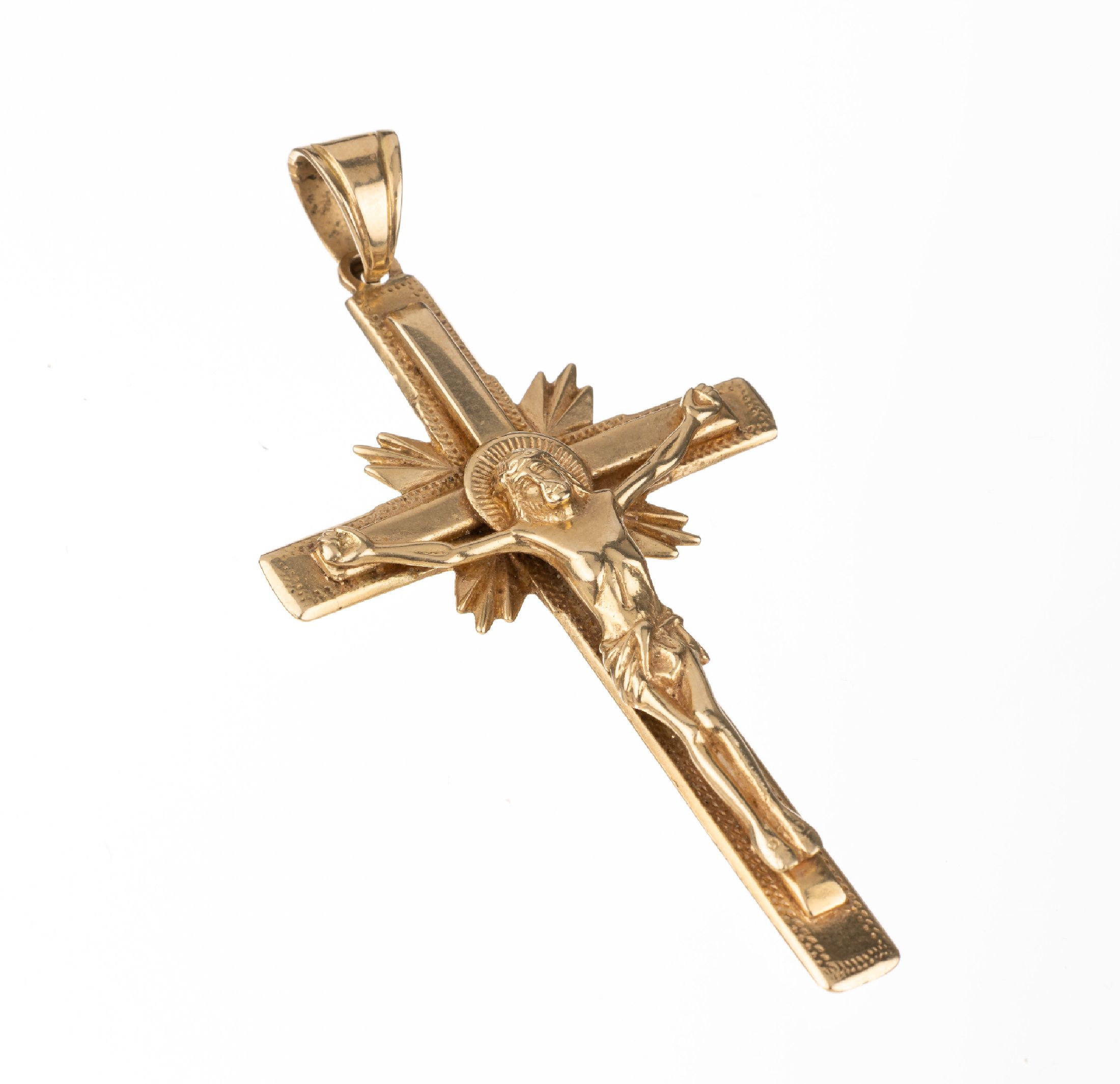 14 kt Gold Kruzifix-Anhänger, GG 585/000, part. punziert, aufgelegte plastische Christus-Figur am Kreuz, ca. 8 x 4.2 cm, ca. 23.4 g