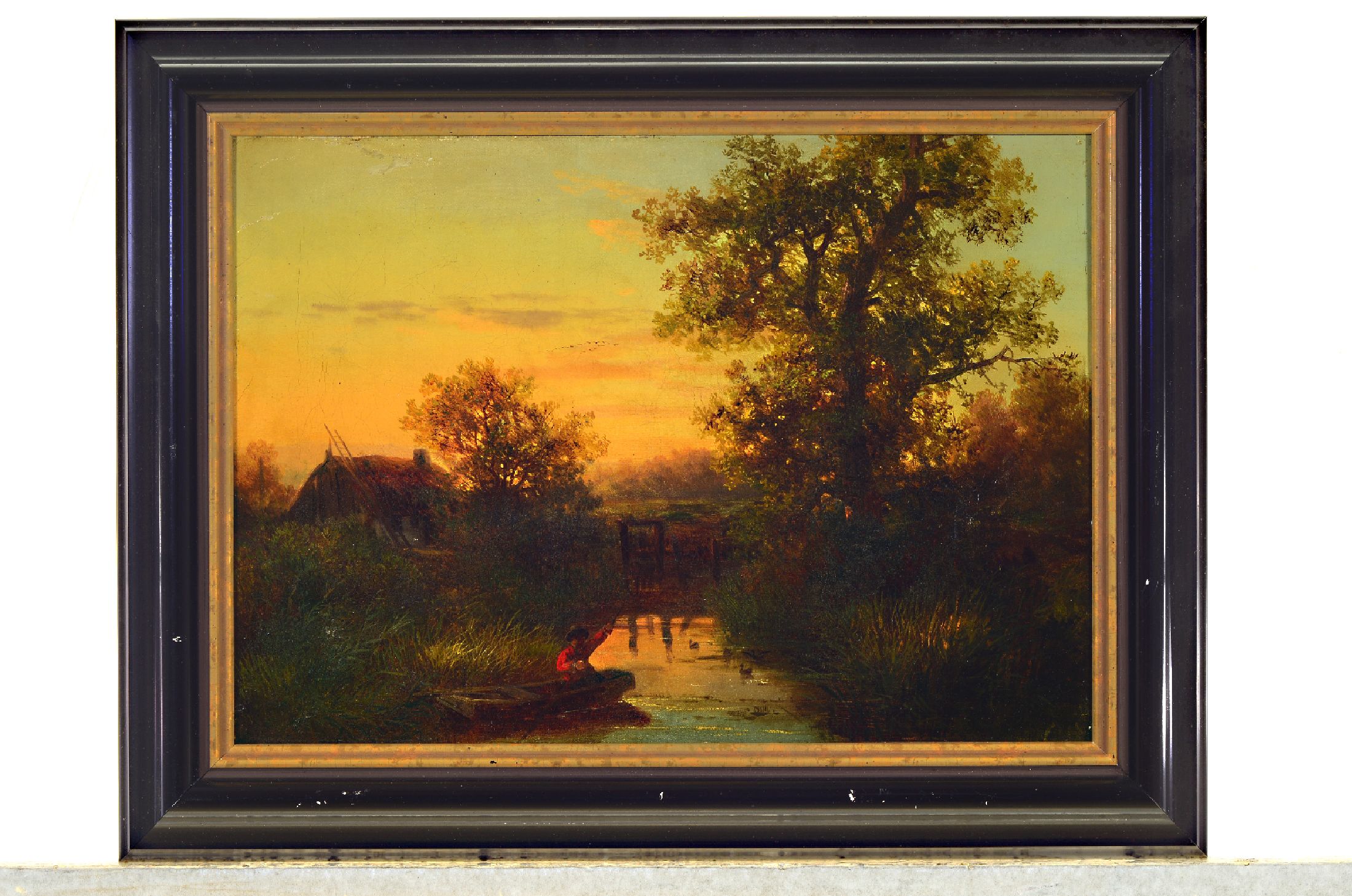 Unbekannter Künstler, wohl Frankreich, um 1900, Abendstimmung über einem Bauernhaus und einem Schleusenwehr, Öl/Lwd, unsign., ca. 25x35cm, R. ca. ...