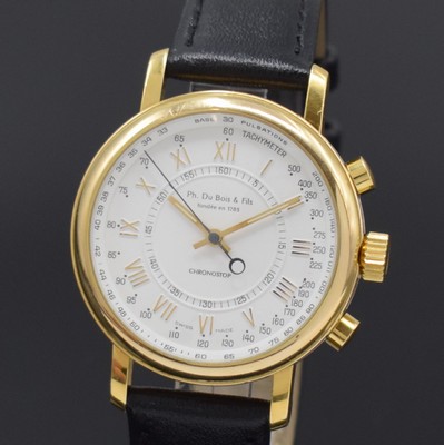26707857a - Du Bois & Fils Chronostop limited gents wristwatch, Switzerland, manual winding, gold plated case, steel-screwed down case back, white dial with Roman numerals, pulsations- and tachometer graduation, second-stop by pusher at 2, direct return by pusher at 4, diameter approx. 36,5 mm, condition 2