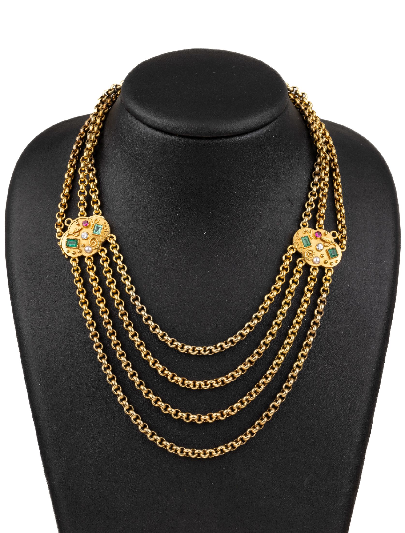 14 kt Gold Diamant-Farbstein-Collier de Chien, GG 585/000, 1960er Jahre, 4-rhg. bzw. 3-rhg. Erbskette (1 Strang fehlt), 2 Zwischenglieder mit 4 ...