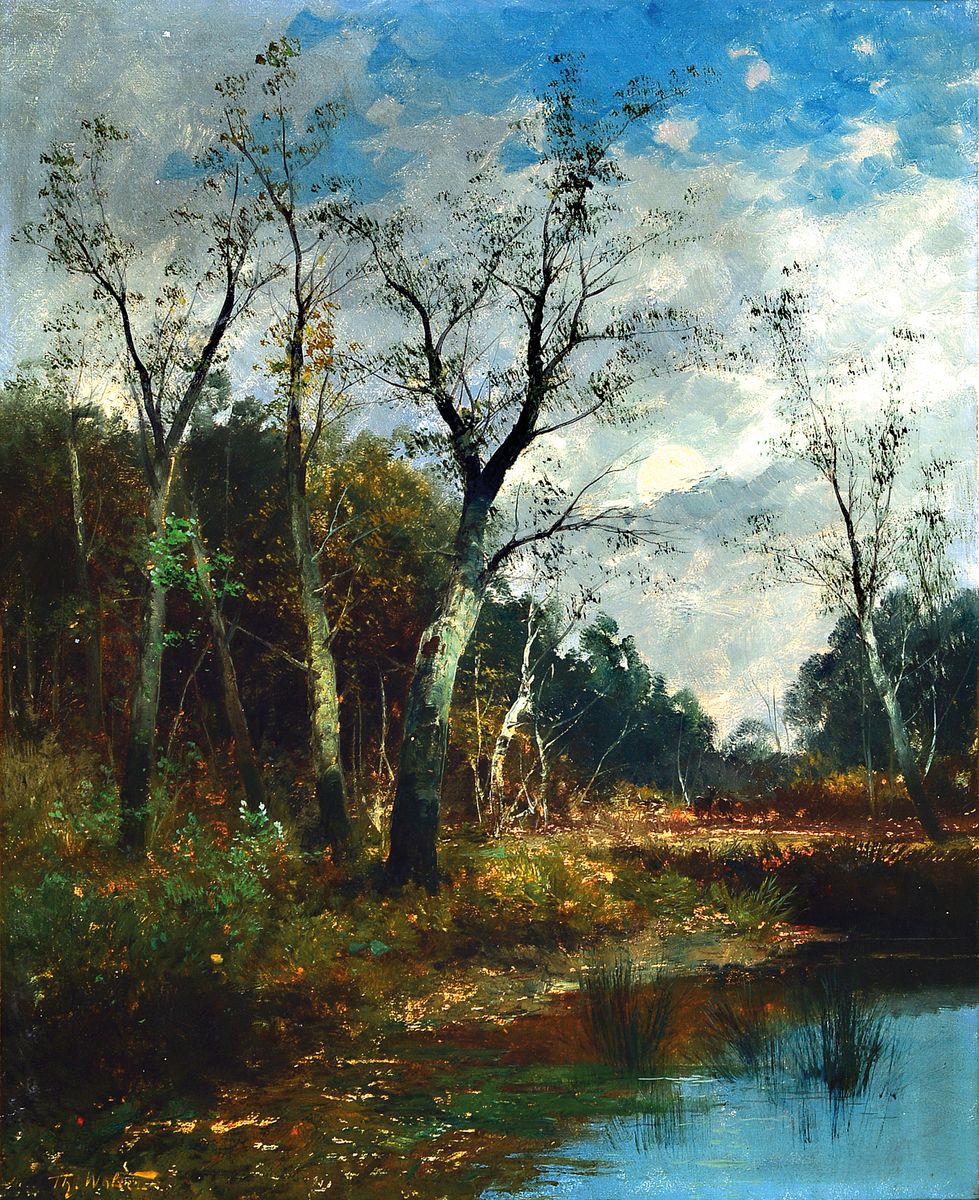 Theodor Walter, Pseudonym des Karl Kaufmann, 1843-1902/05, Vollmond hinter Wolken über einem Waldstück mit Weiher, Öl/Lwd, links unten signiert, ...