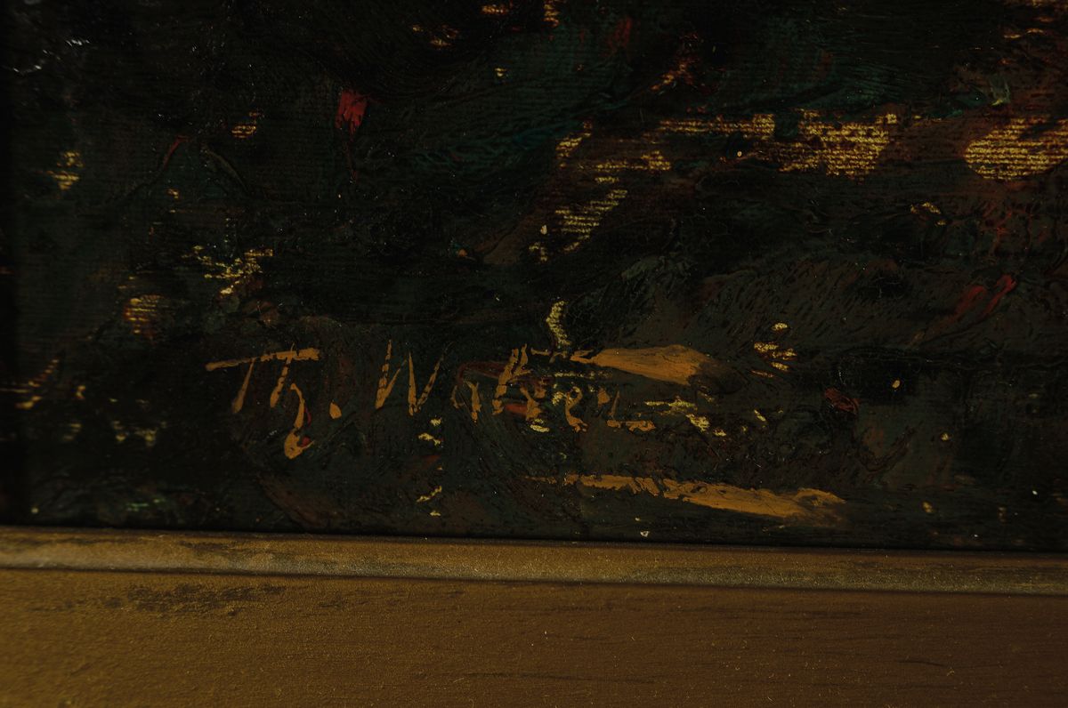 Detail a: Theodor Walter, Pseudonym des Karl Kaufmann, 1843-1902/05, Vollmond hinter Wolken über einem Waldstück mit Weiher, Öl/Lwd, links unten signiert, ...