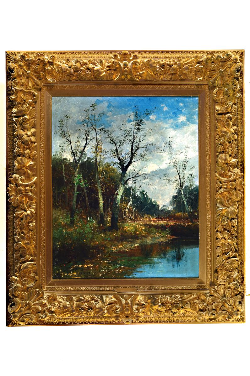 Detail k: Theodor Walter, Pseudonym des Karl Kaufmann, 1843-1902/05, Vollmond hinter Wolken über einem Waldstück mit Weiher, Öl/Lwd, links unten signiert, ...