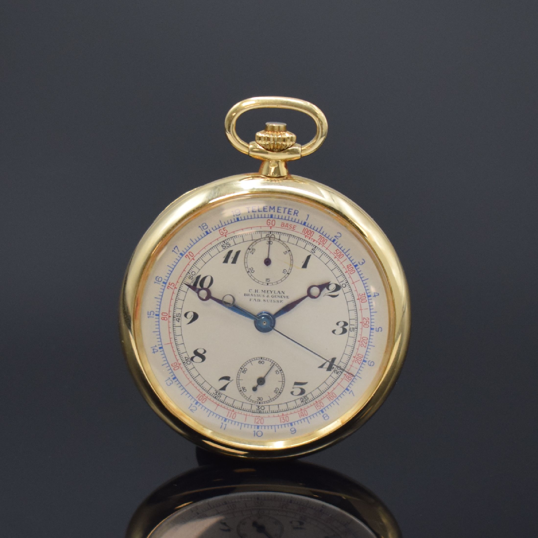 C. H. MEYLAN offene Taschenuhr mit Schaltradchronograph in GG 750/000 Nr. 6737, Schweiz um 1920, glattes, 3-teil. Gehäuse, Boden und Glasrand ...