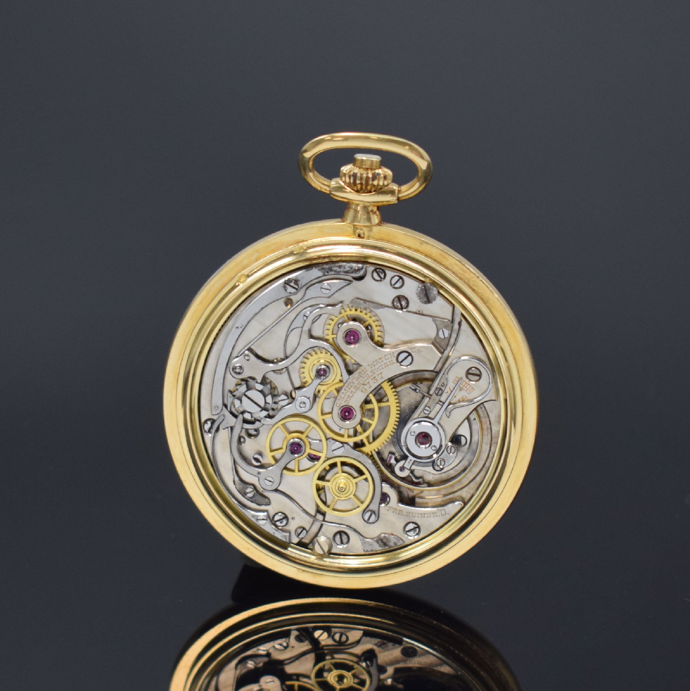 Detail b: C. H. MEYLAN offene Taschenuhr mit Schaltradchronograph in GG 750/000 Nr. 6737, Schweiz um 1920, glattes, 3-teil. Gehäuse, Boden und Glasrand ...