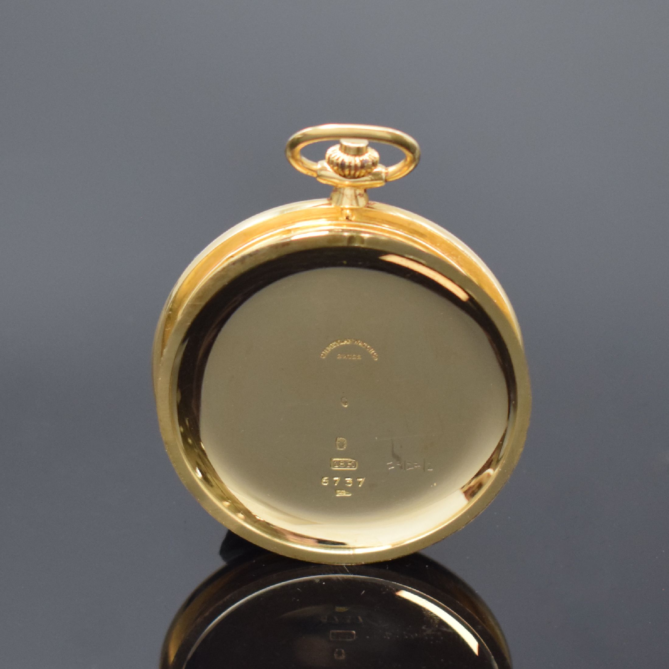 Detail c: C. H. MEYLAN offene Taschenuhr mit Schaltradchronograph in GG 750/000 Nr. 6737, Schweiz um 1920, glattes, 3-teil. Gehäuse, Boden und Glasrand ...
