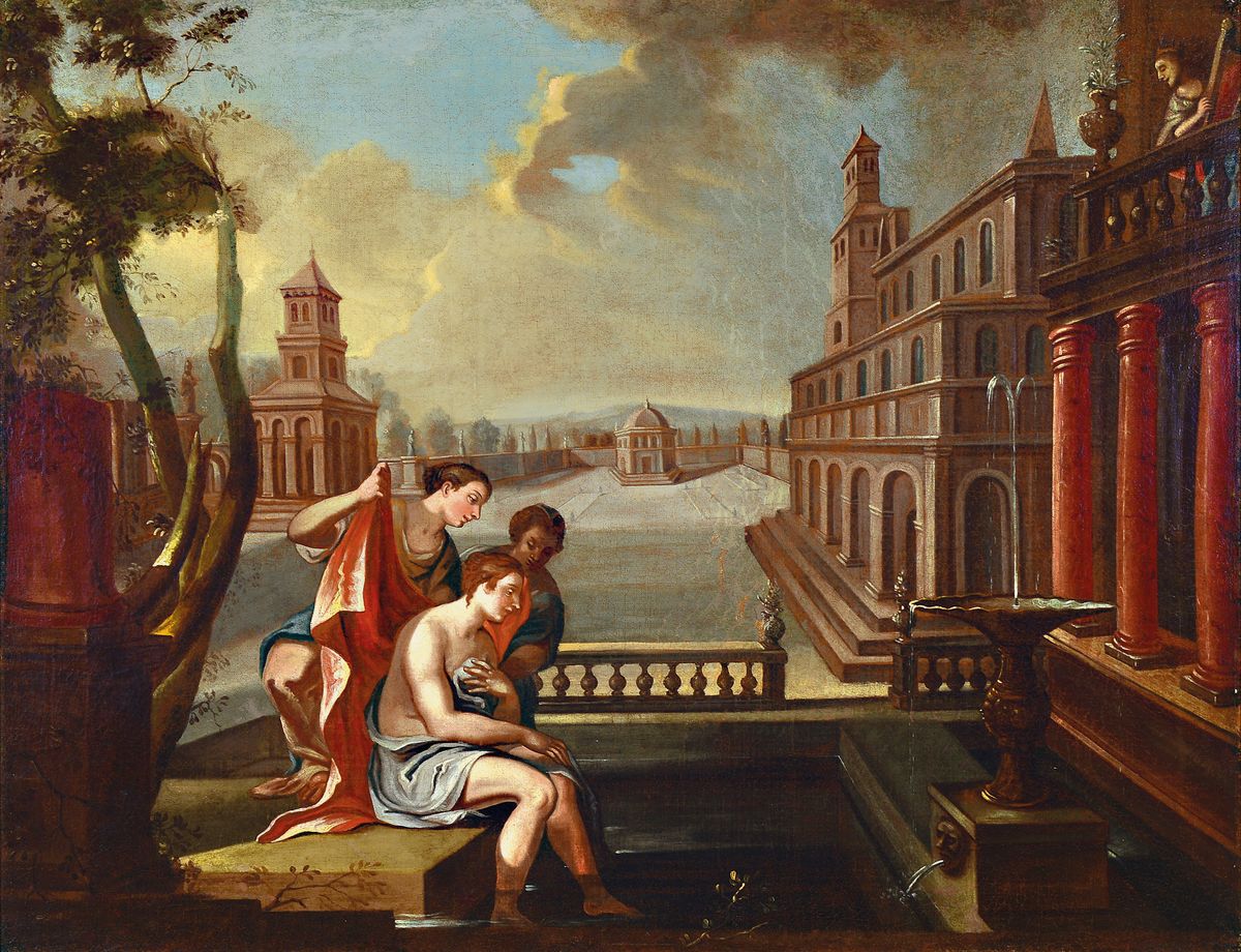 Unbekannter Künstler, um 1810-20, Drei Personen bei der Fußwaschung, auf einem Balkon sieht eine Harfenspielerin zu, Öl/Lwd, doubl., Keilrahmen ...