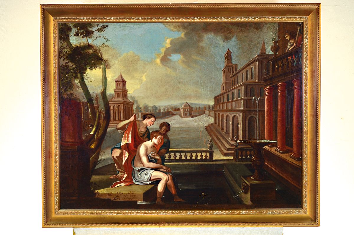 Detail k: Unbekannter Künstler, um 1810-20, Drei Personen bei der Fußwaschung, auf einem Balkon sieht eine Harfenspielerin zu, Öl/Lwd, doubl., Keilrahmen ...