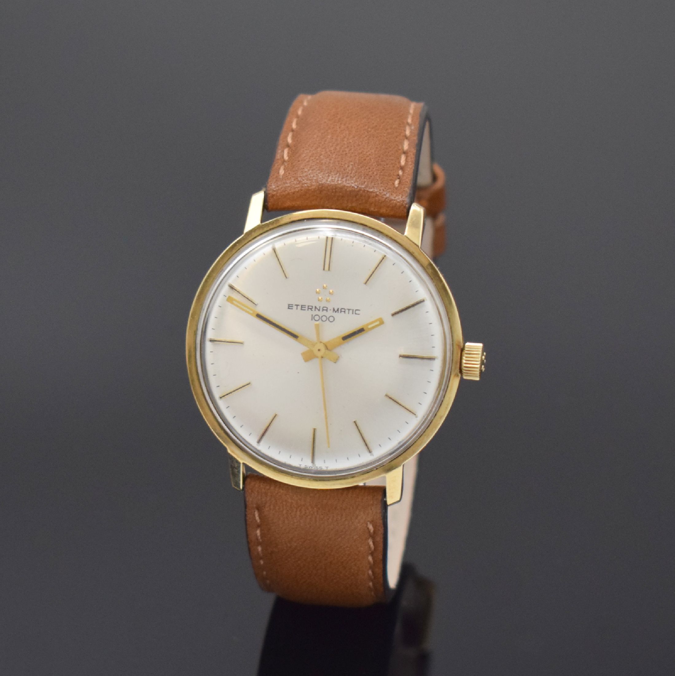 ETERNA MATIC 1000 Herrenarmbanduhr in GG 585/000 Referenz 645 VT, Automatik, Schweiz um 1965, Boden aufgedr., silb. Zifferbl. m. aufgel. Indizes ...
