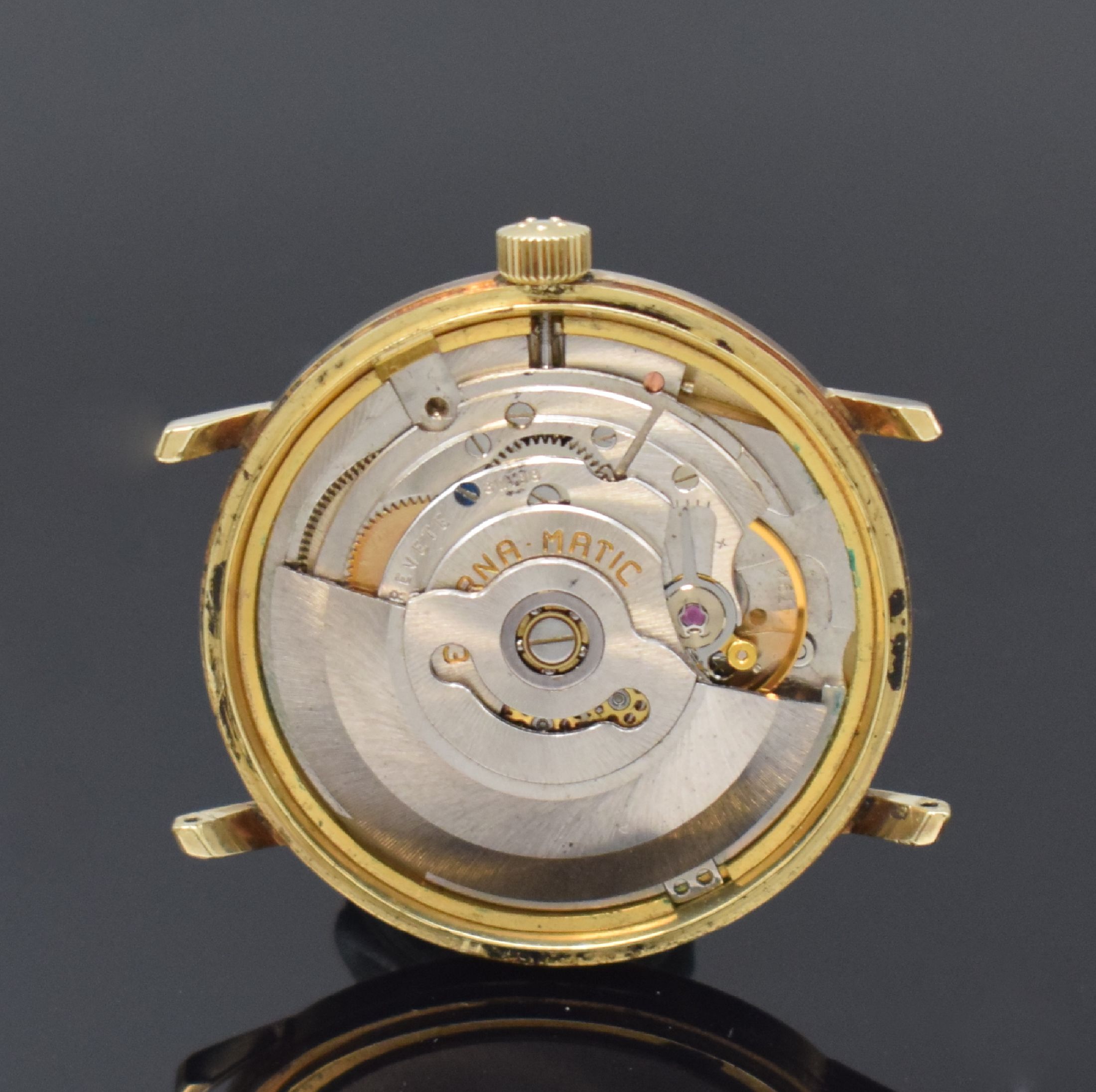 Detail d: ETERNA MATIC 1000 Herrenarmbanduhr in GG 585/000 Referenz 645 VT, Automatik, Schweiz um 1965, Boden aufgedr., silb. Zifferbl. m. aufgel. Indizes ...