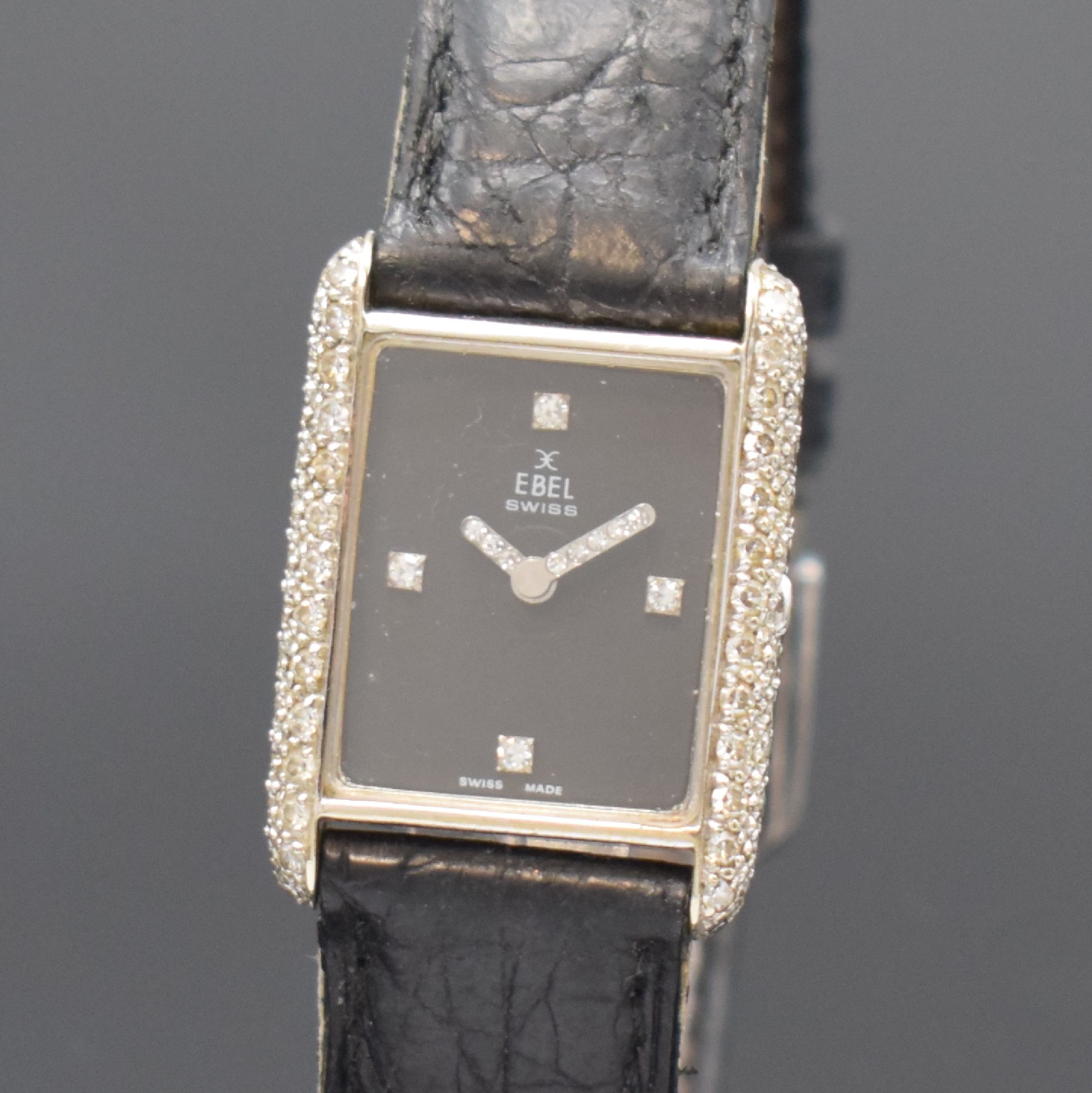 Detail a: EBEL Damenarmbanduhr in WG 750/000, Handaufzug, Schweiz um 1970, 2-teil. Geh. aufw. m. Diamanten bes., schwarzes Zifferbl. m. 4 Diamantindizes, ...