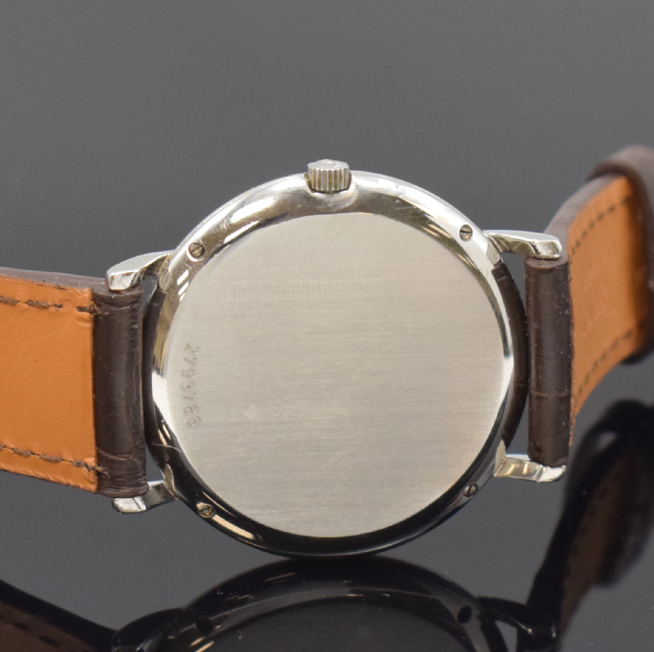Detail d: IWC Herrenarmbanduhr Serie Portofino Referenz 3331, Schweiz um 1990, Edelstahlgeh. inkl. Lederband m. orig. Dornschl., Boden 4-fach verschr., ...