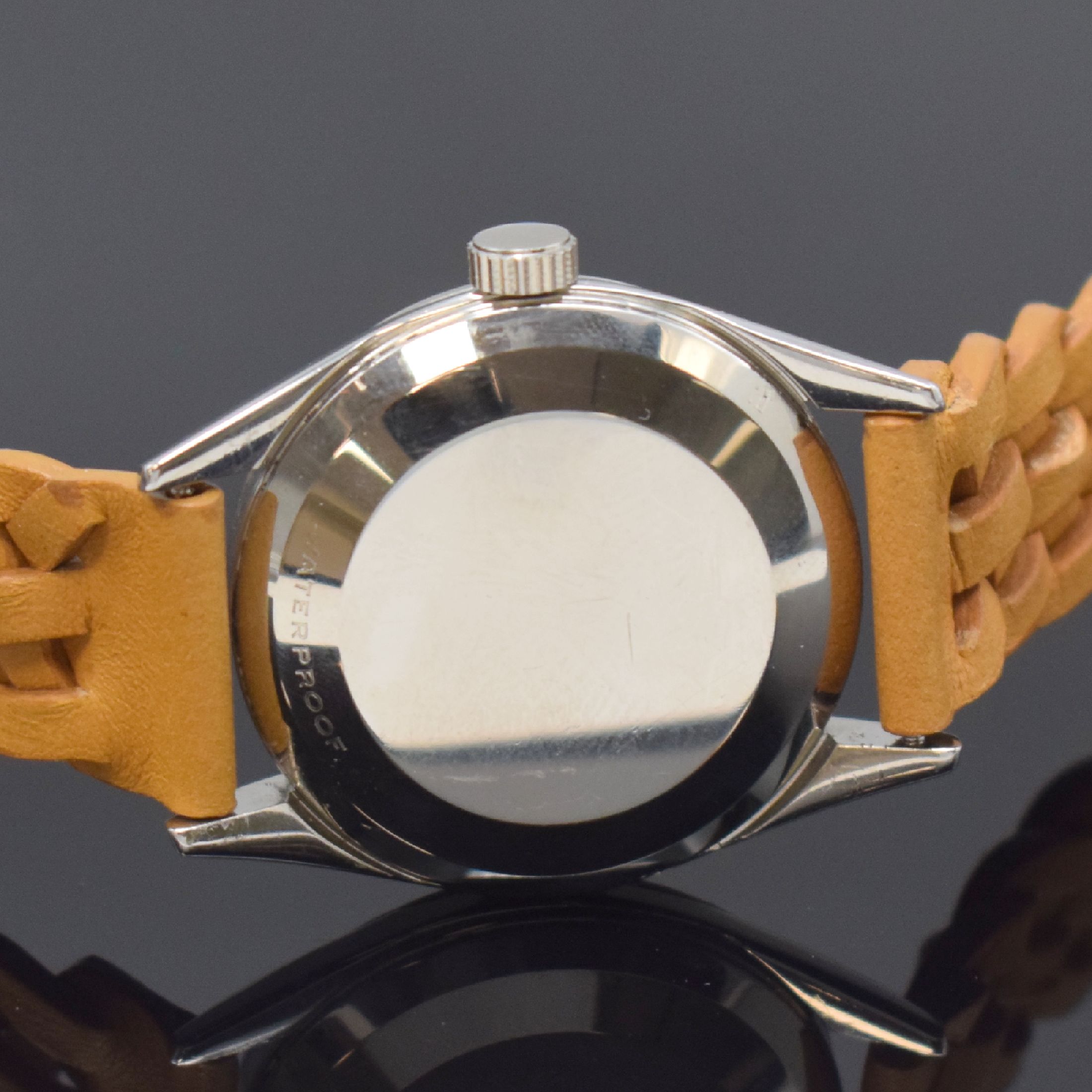 Detail c: OMEGA Automatik Armbanduhr Referenz 2802 - 1SC, Schweiz um 1956, Edelstahlgeh., Boden und Glasrand aufgedr., silb. Zifferbl. m. aufgel. Std.-Zeichen ...