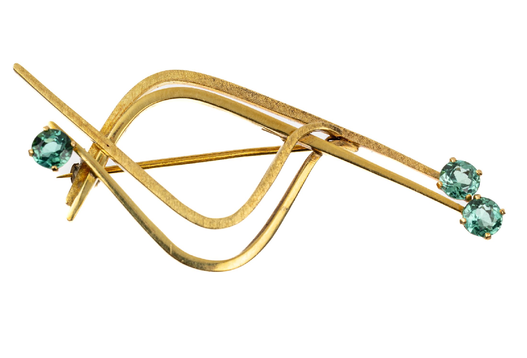 18 kt Gold Turmalin-Brosche, GG 750/000, außergewöhnlich geschwungene Gestaltung, 3 rundfacett. Turmaline, ca. 5.5 x 2.5 cm, ca. 6.9 g