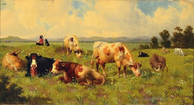 Image 26709234 - Eduard Götzelmann, 1830-1903, cows in the pasture, oil/wood, signed lower left, approx. 26x48cm, magnificent frame approx. 53x74cm