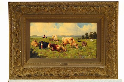 26709234k - Eduard Götzelmann, 1830-1903, cows in the pasture, oil/wood, signed lower left, approx. 26x48cm, magnificent frame approx. 53x74cm