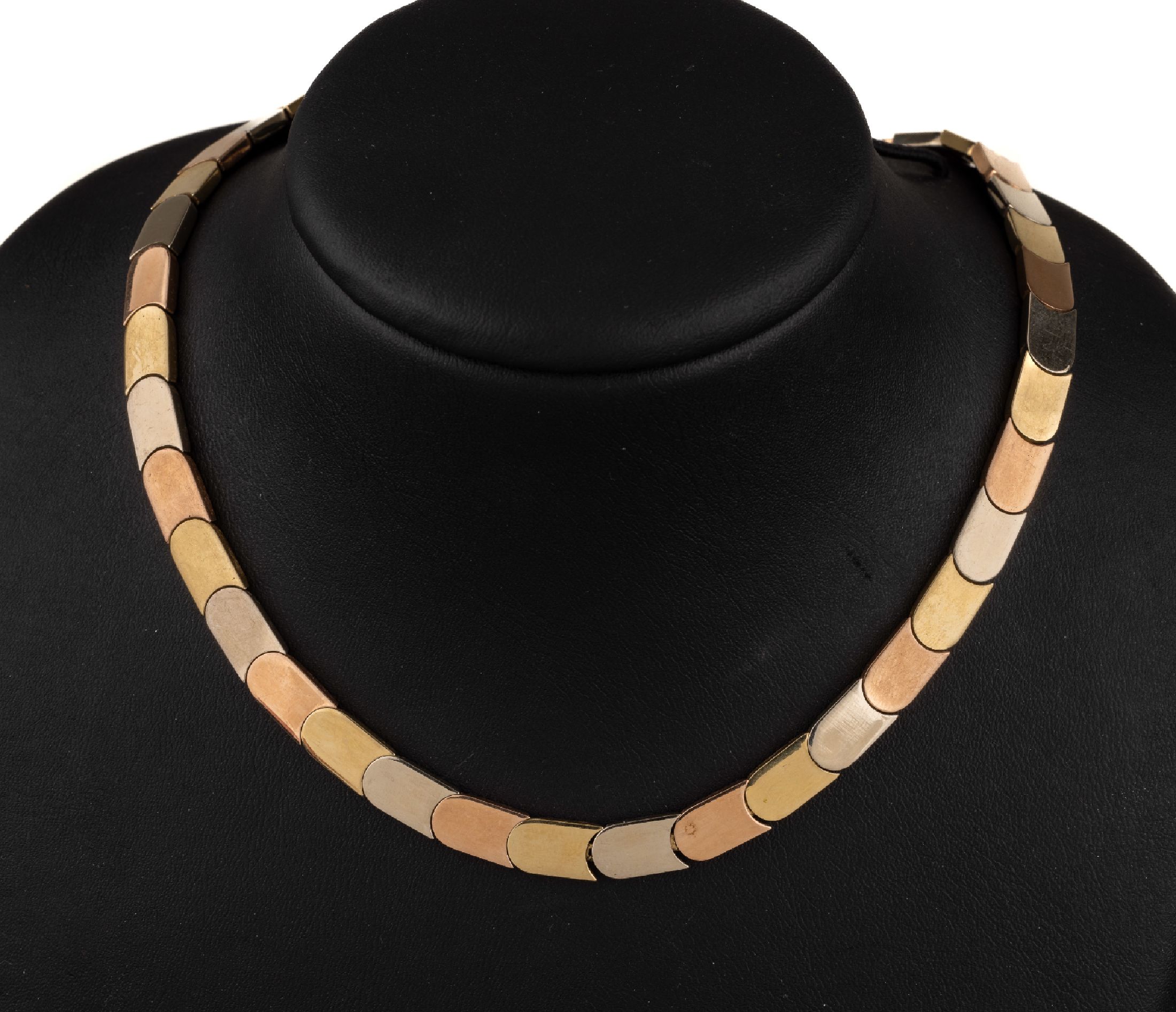 14 kt Gold Collier, ca. 35 g, GG/WG/RoseG 585/000, pol., L. ca. 41 cm, Kastenschloß mit Sicherheitsacht