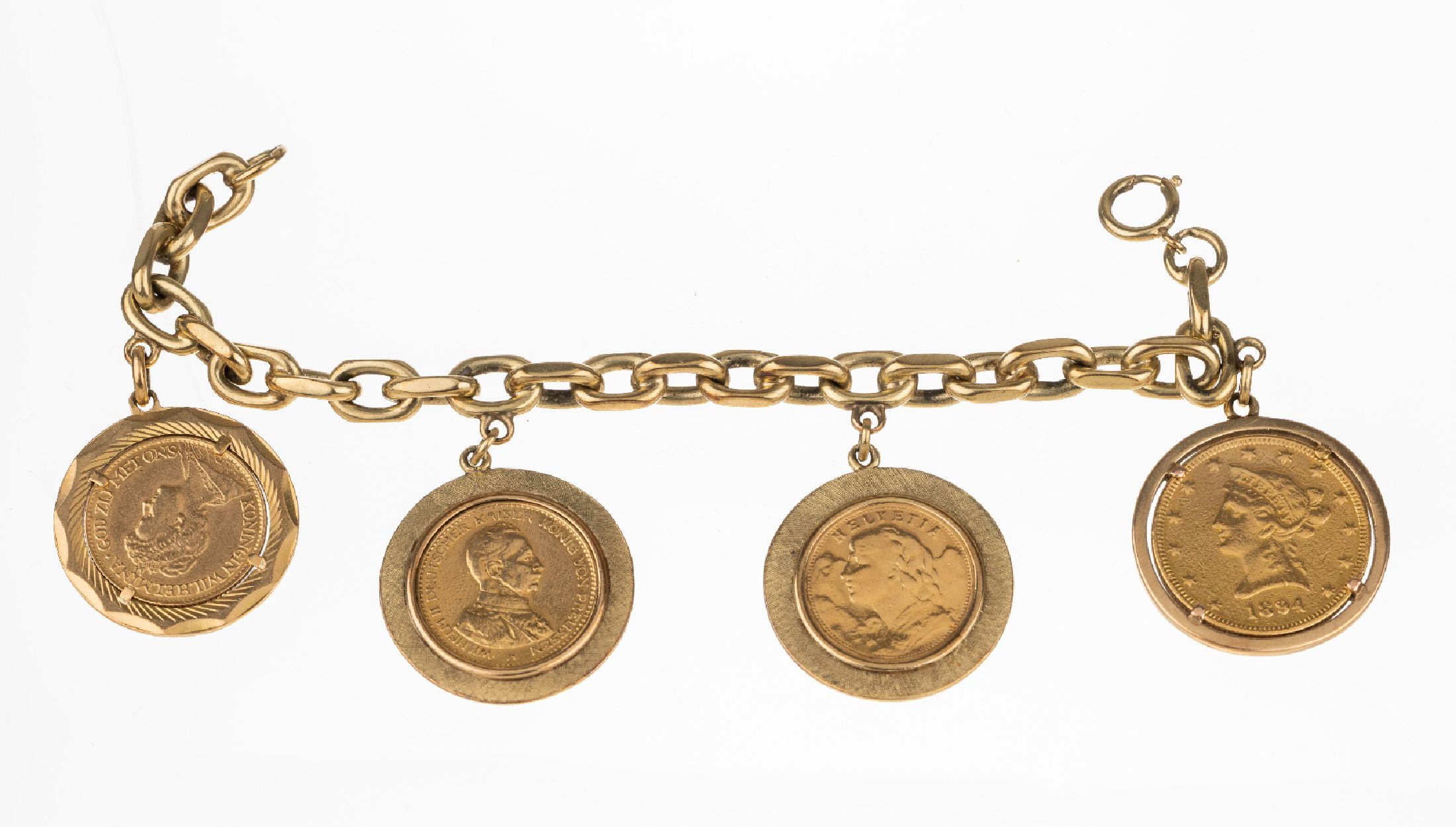 14 kt Gold Münzarmband, GG 585/000, 4 lose gefasste Goldmünzen, 1 x 10 Dollar USA 1894; 1X 20 Franken, sogn. Vreneli, Schweiz 1922, 1 x 20 Mark ...