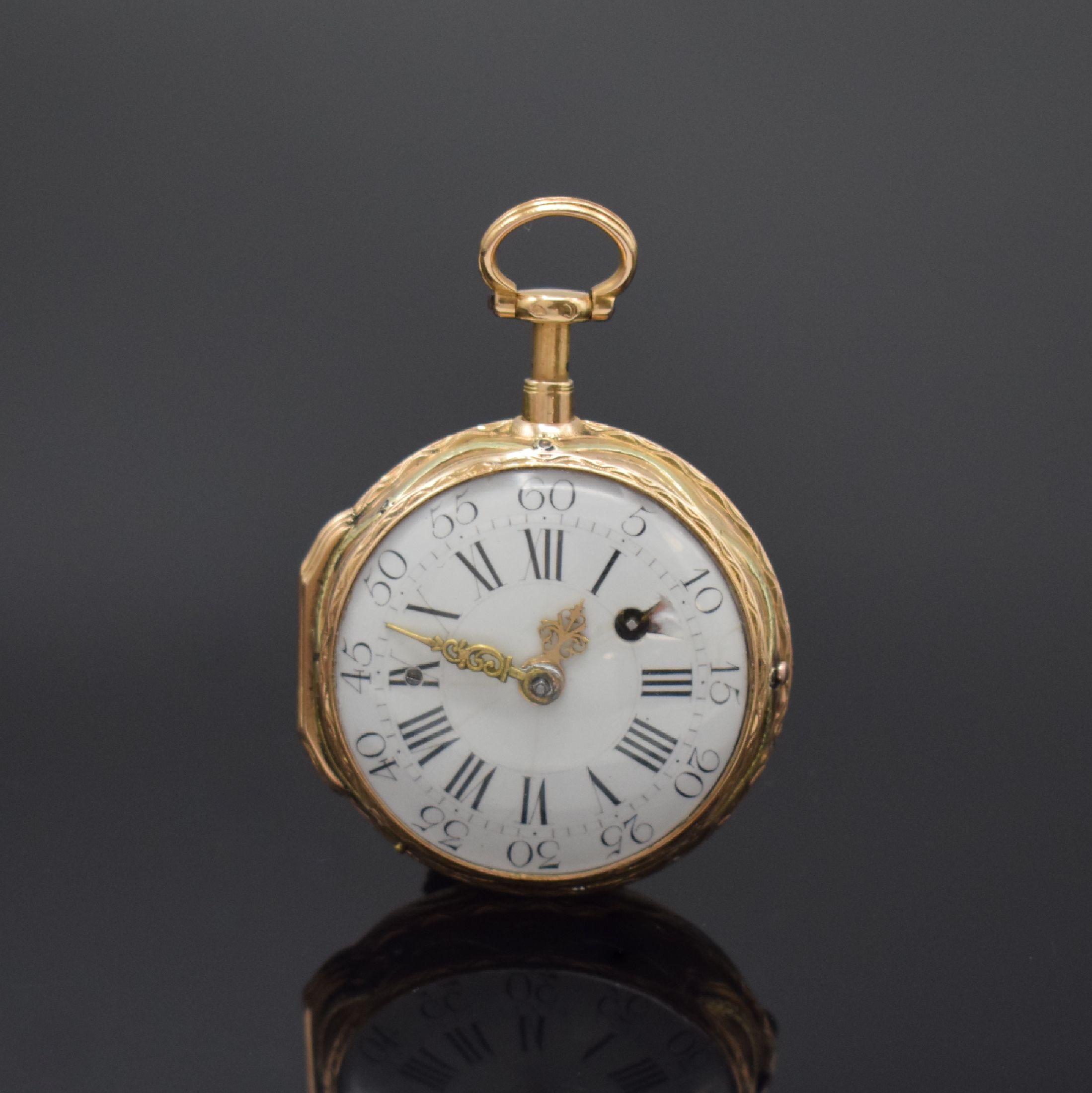 MATHIEU Le JEUNE Spindeltaschenuhr mit 1/4- Repetition à-Toc im 18k-Quatre-Couleur- Gehäuse, Frankreich um 1770, massives Geh. m. großem ...