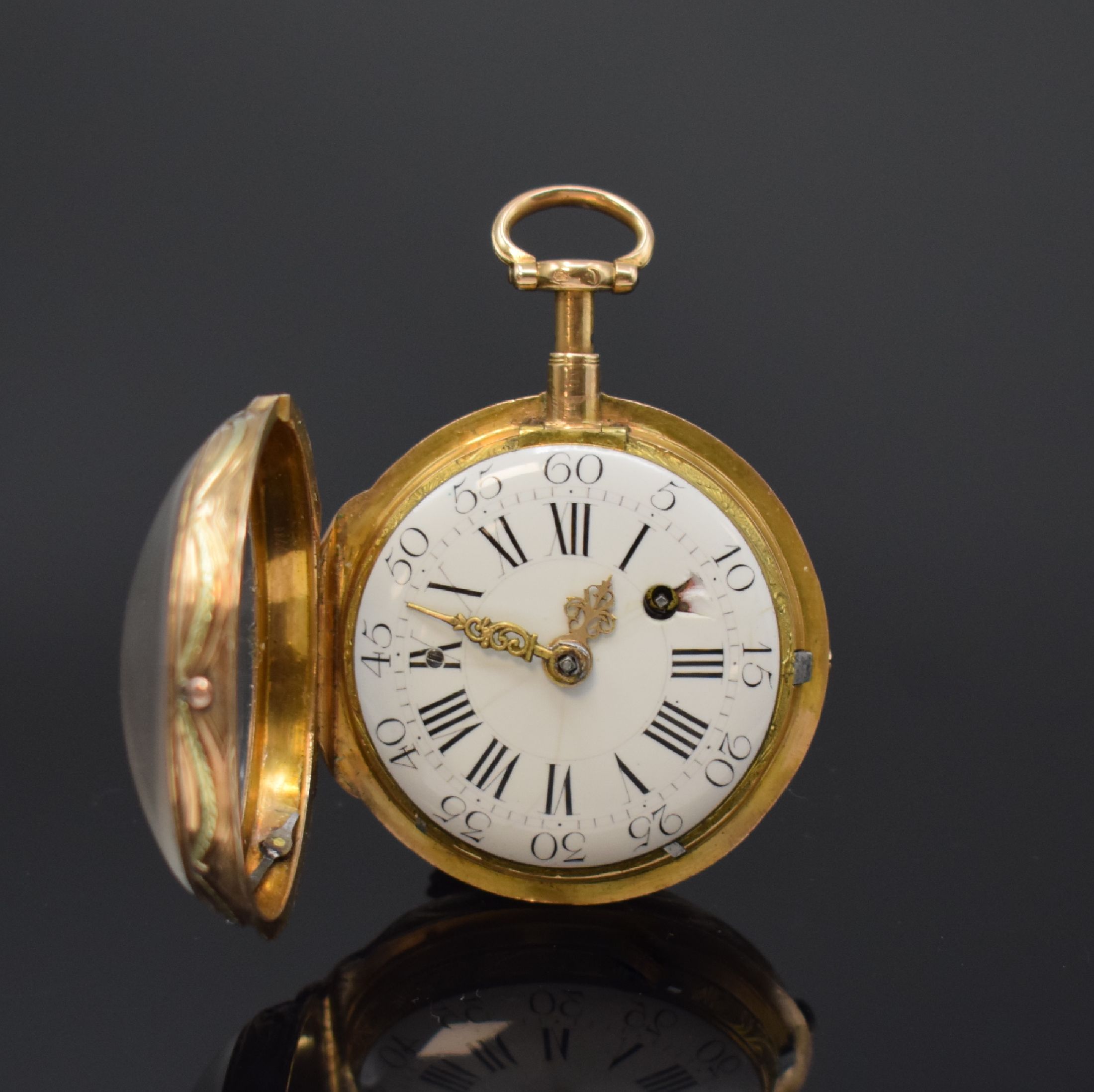 Detail b: MATHIEU Le JEUNE Spindeltaschenuhr mit 1/4- Repetition à-Toc im 18k-Quatre-Couleur- Gehäuse, Frankreich um 1770, massives Geh. m. großem ...