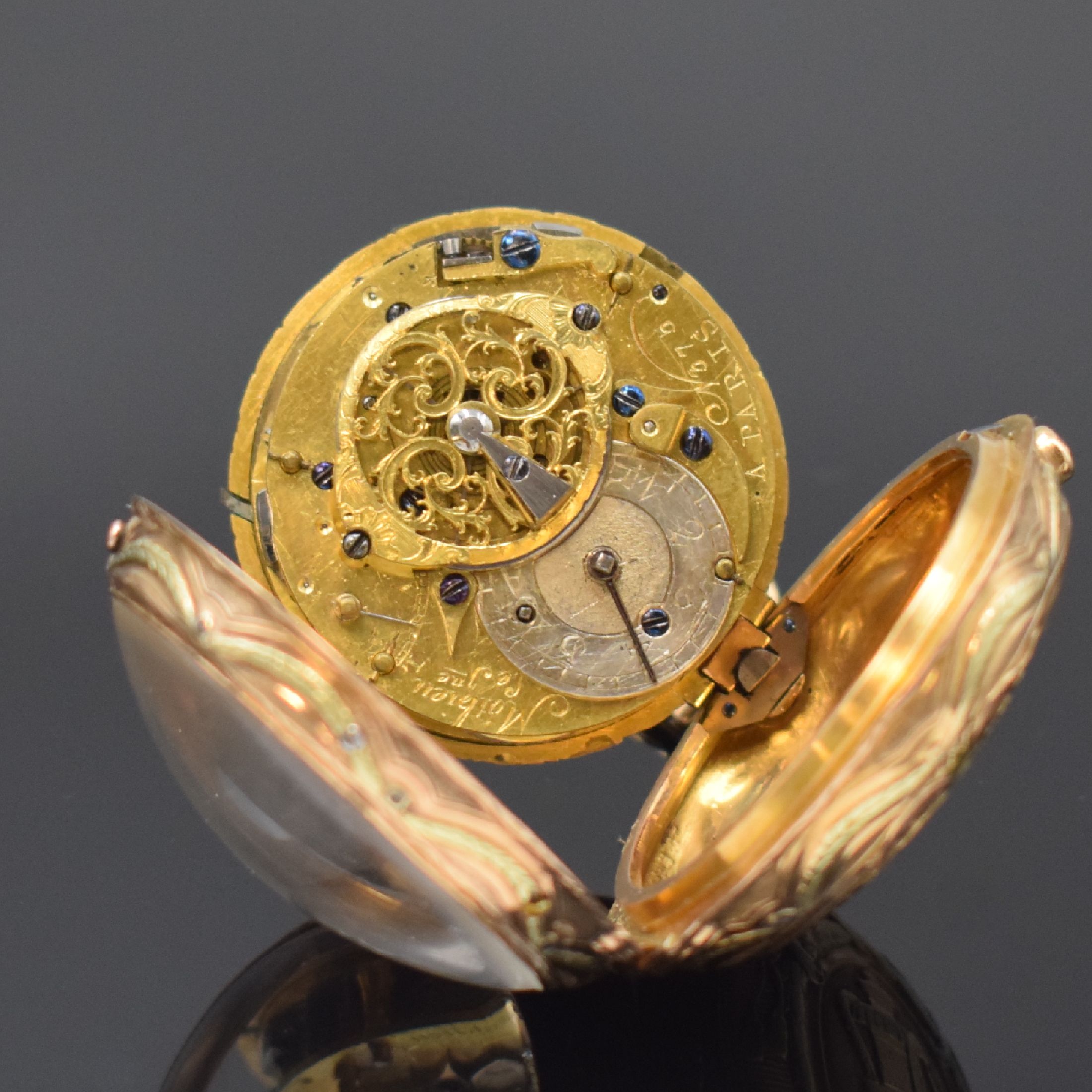 Detail c: MATHIEU Le JEUNE Spindeltaschenuhr mit 1/4- Repetition à-Toc im 18k-Quatre-Couleur- Gehäuse, Frankreich um 1770, massives Geh. m. großem ...