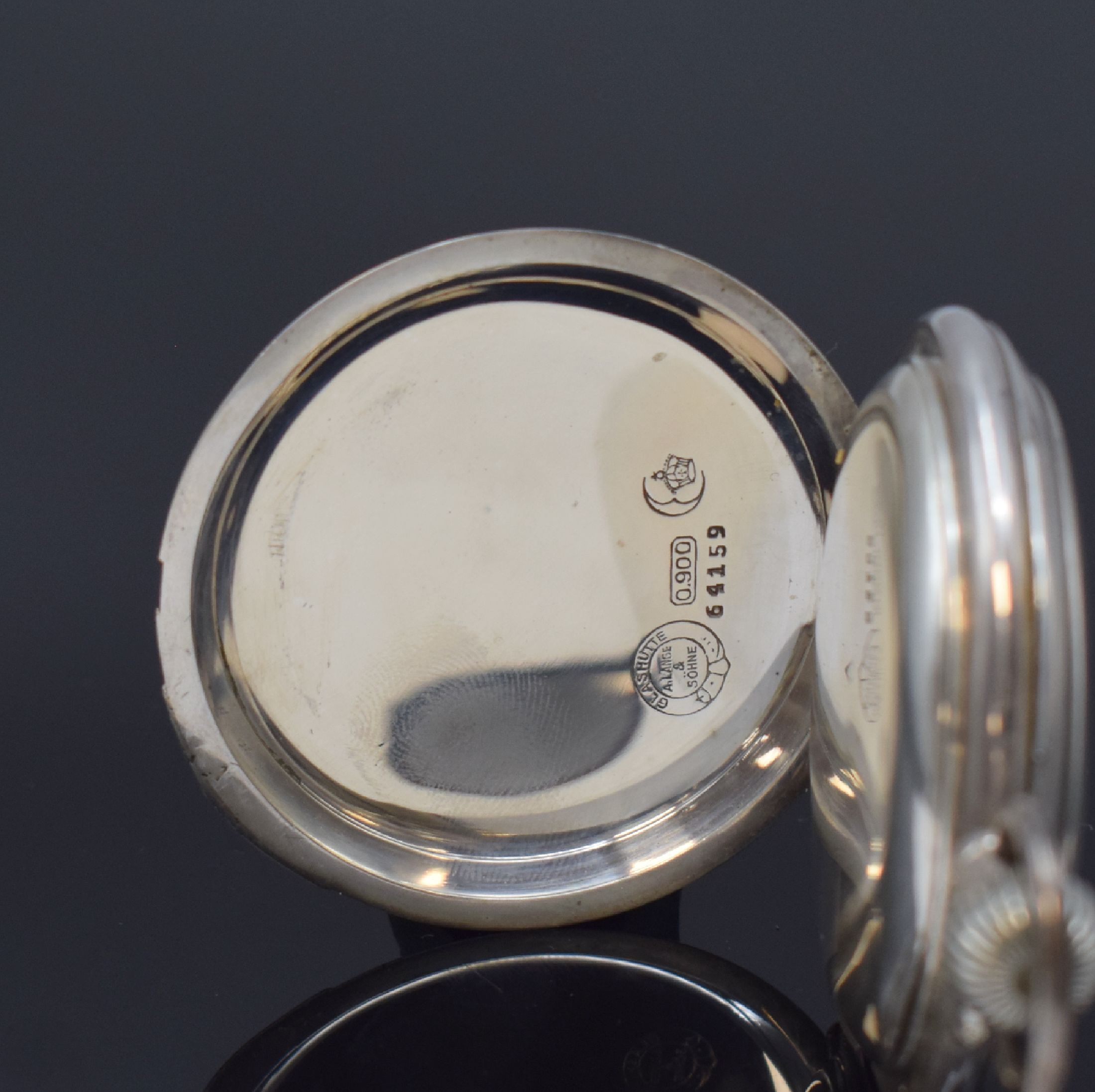 Detail b: A. LANGE & SÖHNE -DUF- Beobachtungsuhr in Silber, Deutschland um 1915, glattes Jürgens-Geh. m. Goldscharnieren l. dell., 2- teil. Emailzifferbl. m. ...