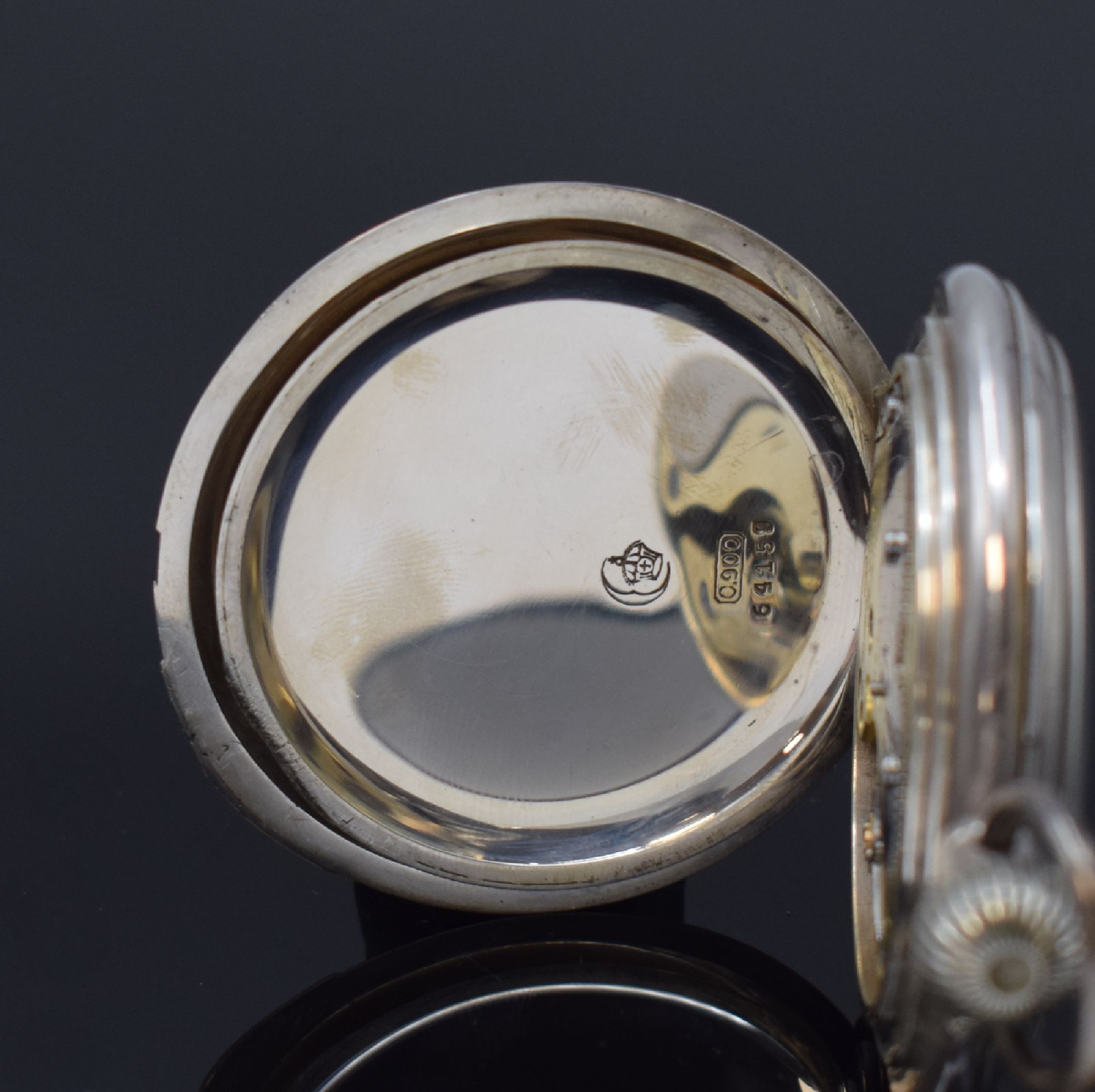 Detail d: A. LANGE & SÖHNE -DUF- Beobachtungsuhr in Silber, Deutschland um 1915, glattes Jürgens-Geh. m. Goldscharnieren l. dell., 2- teil. Emailzifferbl. m. ...