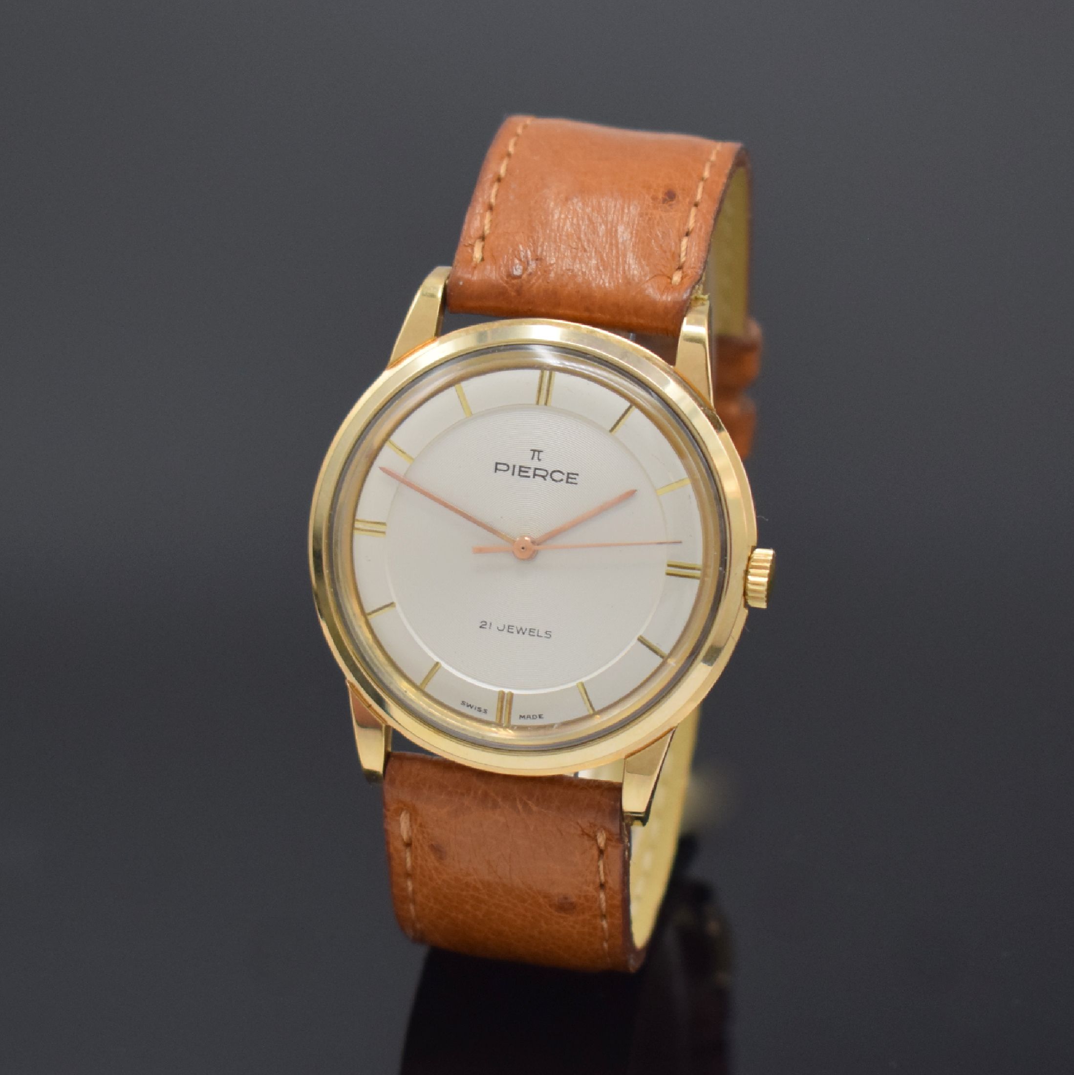 PIERCE große, nahezu neuwertige Armbanduhr im Monobloc-Kompressor-Gehäuse, Schweiz um 1955, Handaufzug, flaches verg. Geh. m. Stahlboden, silb. ...