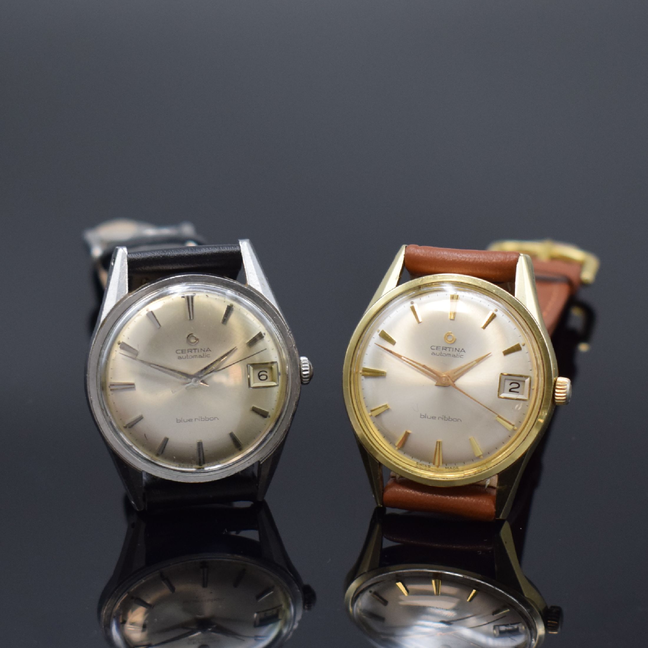 CERTINA Blue Ribbon 2 Herrenarmbanduhren in Stahl und Stahl/Gold, Schweiz um 1960, Automatik, verschr. Geh., silb. Zifferblätter, gold. / silb. ...