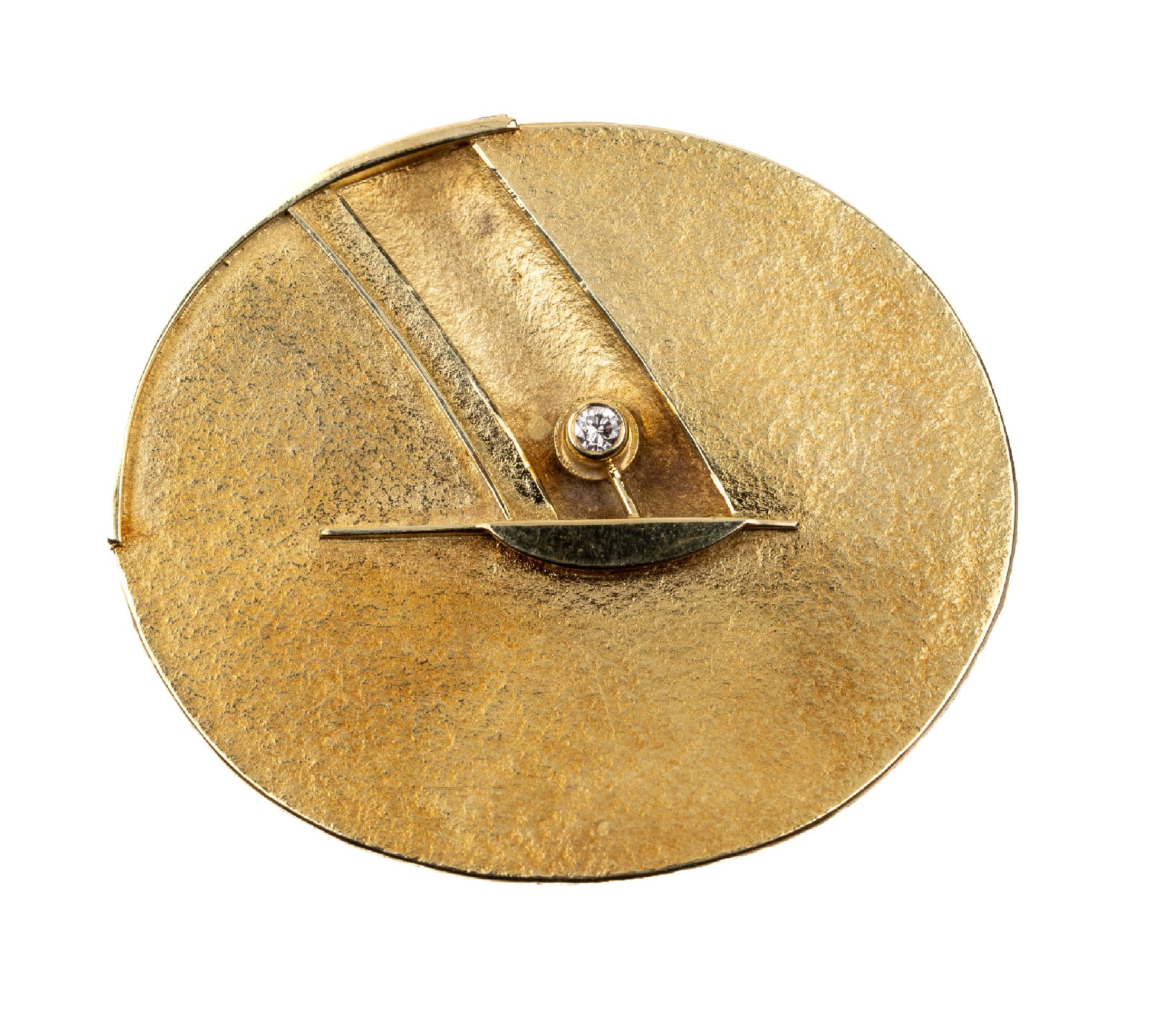 14 kt Gold Brillant-Brosche/Anhänger, GG 585/000, Oberfläche strukturiert, außergewöhnliche Gestaltung, mittig Brillant ca. 0.07 ct (grav.) ...