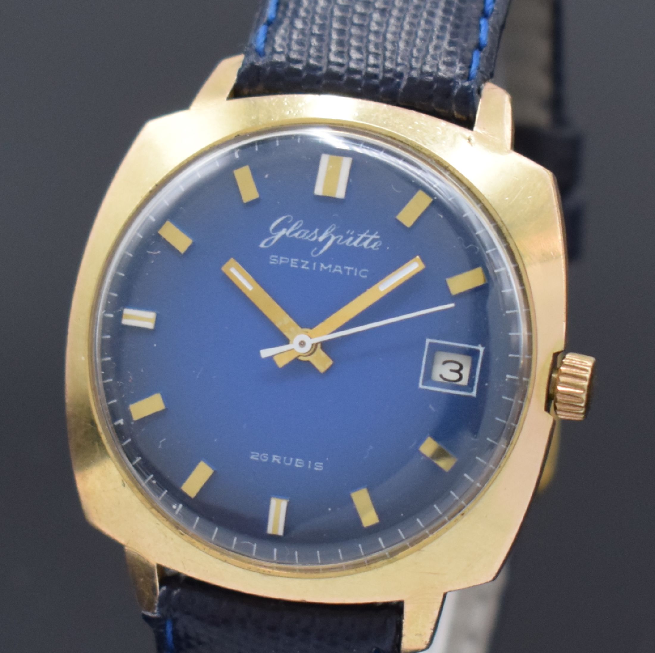 Detail a: GLASHÜTTE Spezimatic Kaliber 06-66 sogenannter "Goldfuchs" seltene vergoldete Armbanduhr, DDR um 1977, Automatik, 2-tlg. Geh. m. aufgedr. ...