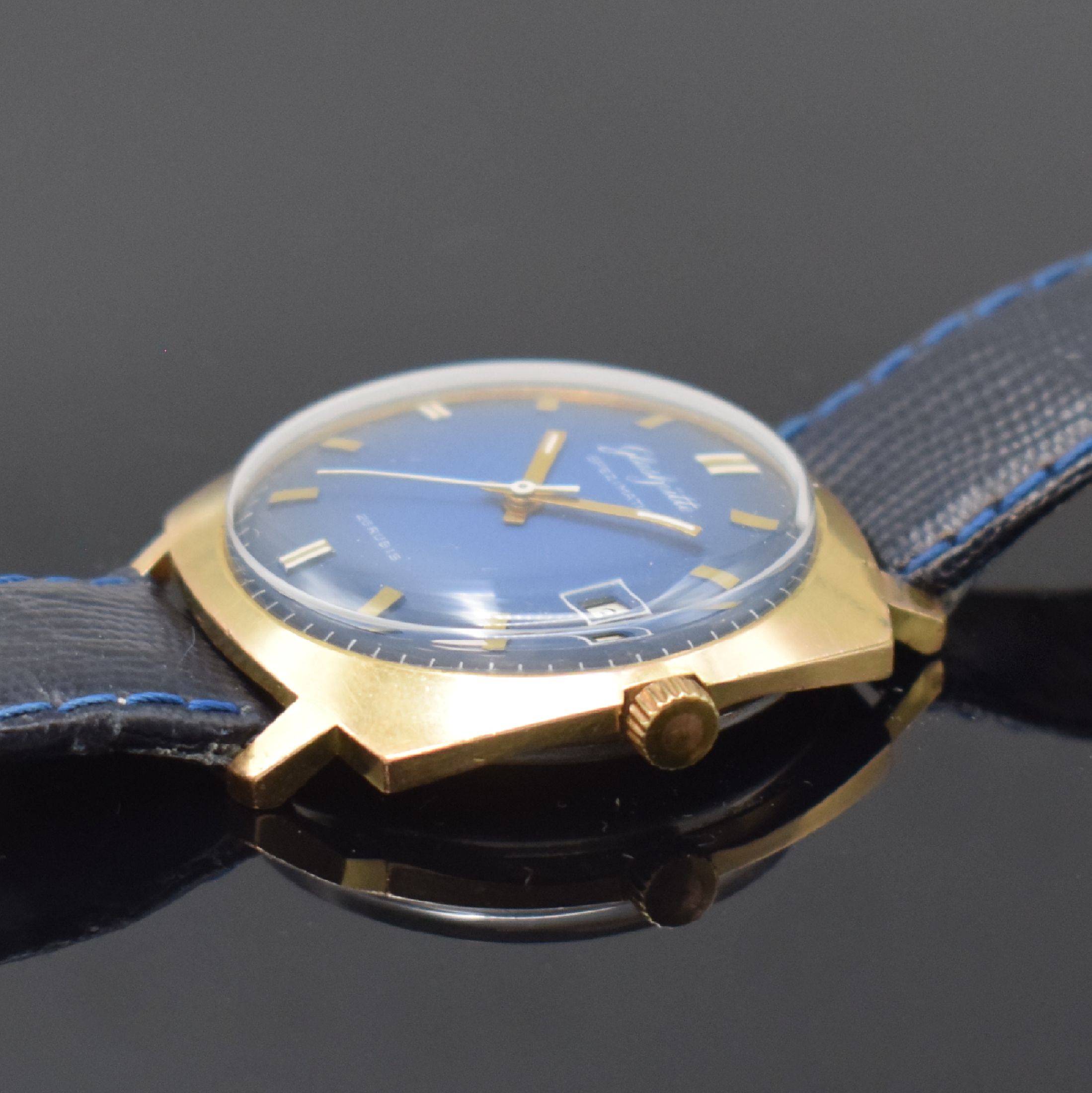 Detail b: GLASHÜTTE Spezimatic Kaliber 06-66 sogenannter "Goldfuchs" seltene vergoldete Armbanduhr, DDR um 1977, Automatik, 2-tlg. Geh. m. aufgedr. ...