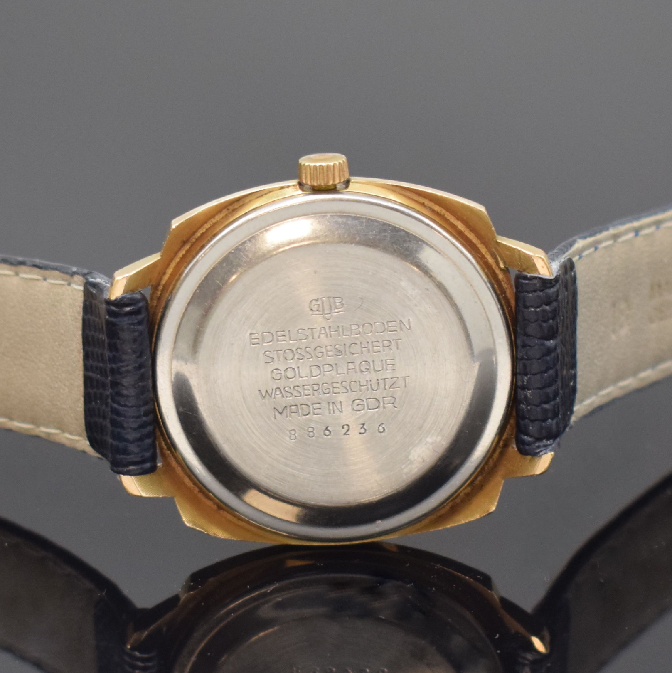 Detail c: GLASHÜTTE Spezimatic Kaliber 06-66 sogenannter "Goldfuchs" seltene vergoldete Armbanduhr, DDR um 1977, Automatik, 2-tlg. Geh. m. aufgedr. ...