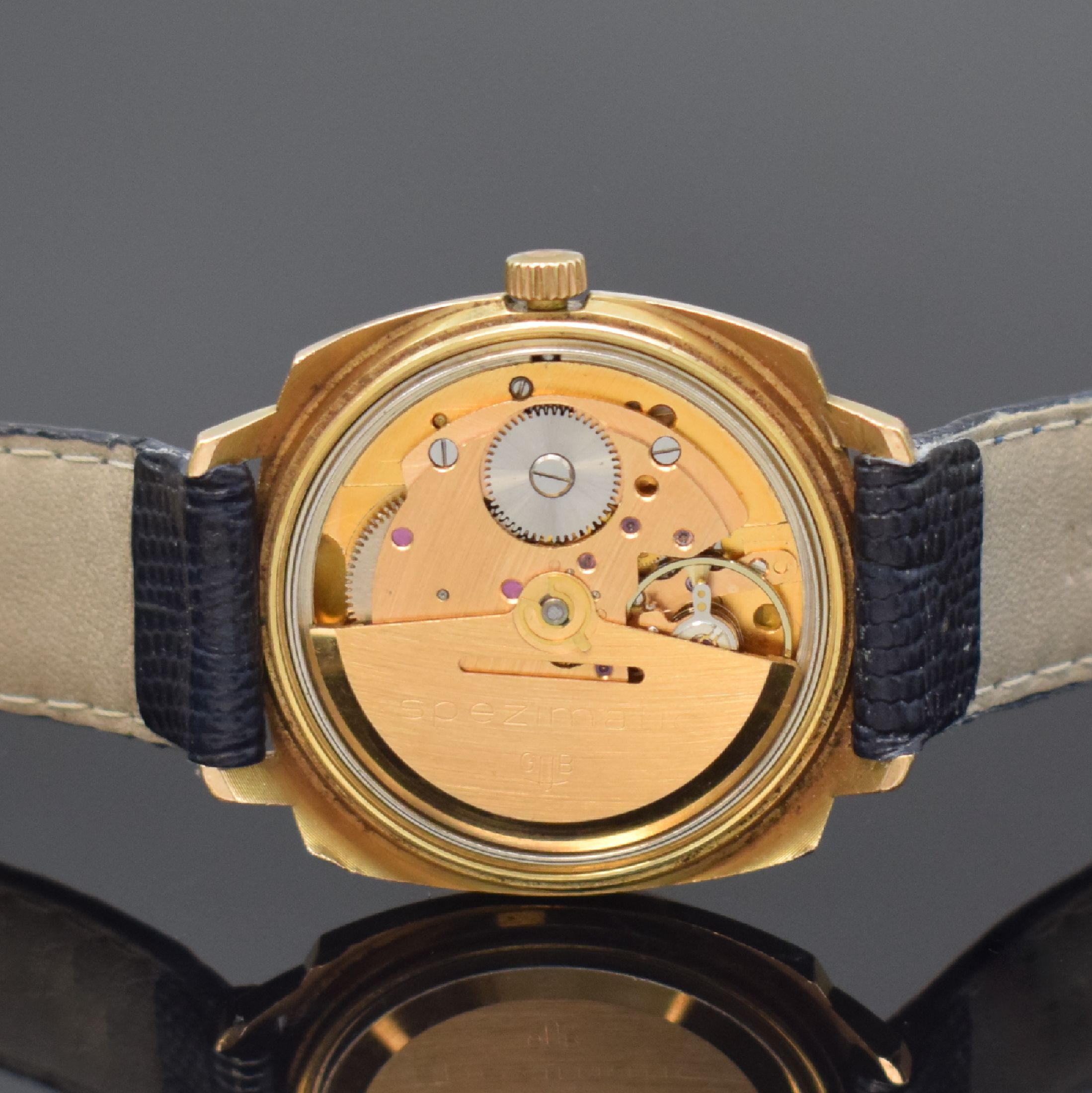 Detail d: GLASHÜTTE Spezimatic Kaliber 06-66 sogenannter "Goldfuchs" seltene vergoldete Armbanduhr, DDR um 1977, Automatik, 2-tlg. Geh. m. aufgedr. ...