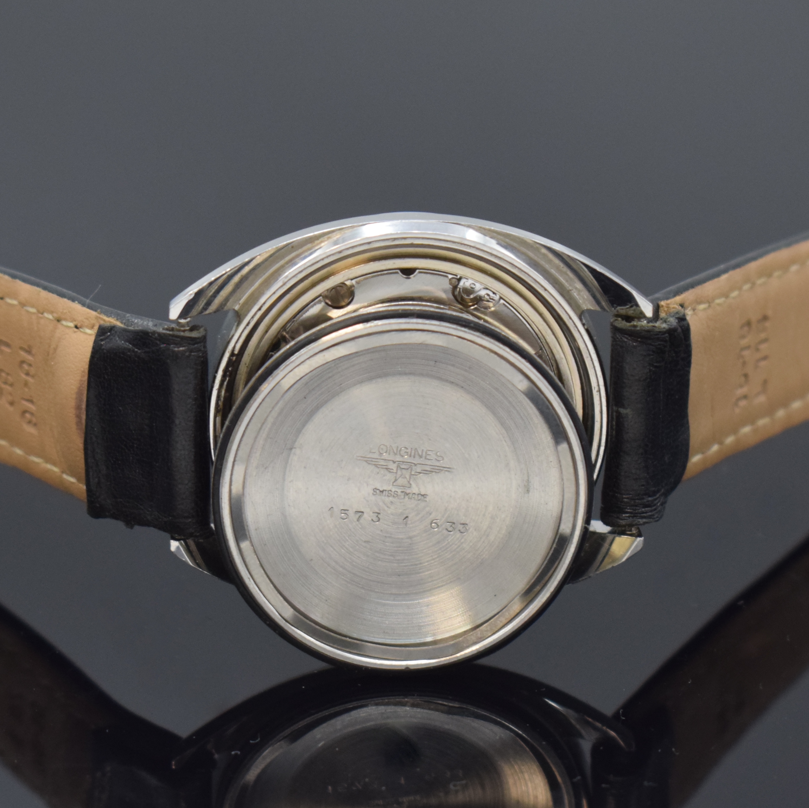 Detail f: LONGINES Conquest Herrenarmbanduhr in Stahl Referenz 1573 1 633, Automatik, Schweiz um 1972, verschr. Boden, orig. Krone, silb. Zifferbl. m. aufgel. ...