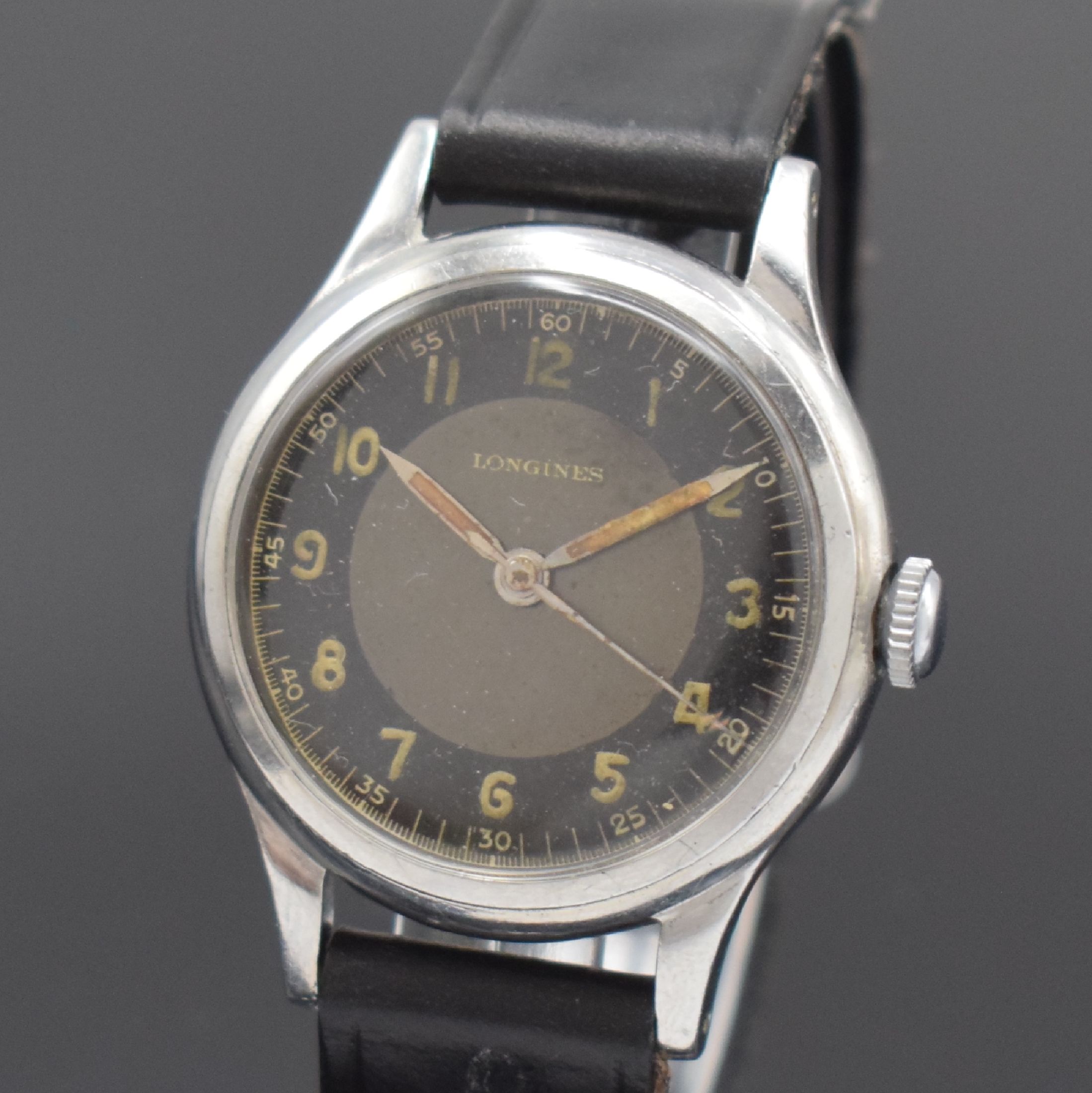 Detail a: LONGINES Kaliber 12.68N Armbanduhr in Stahl mit original schwarz-grauem Glanzblatt Referenz 23098, Handaufzug, Schweiz um 1945, Boden verschr., ...