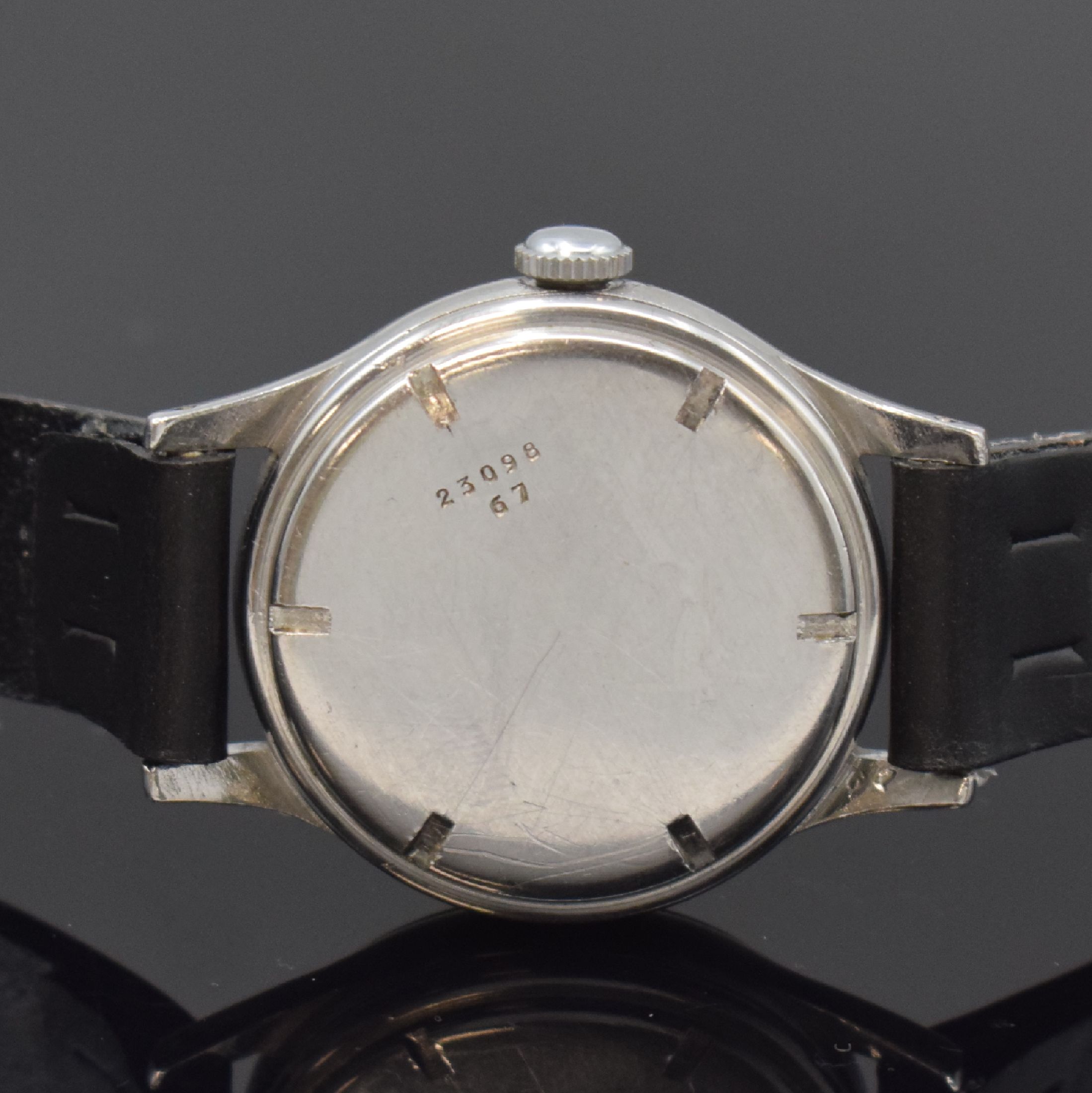 Detail c: LONGINES Kaliber 12.68N Armbanduhr in Stahl mit original schwarz-grauem Glanzblatt Referenz 23098, Handaufzug, Schweiz um 1945, Boden verschr., ...