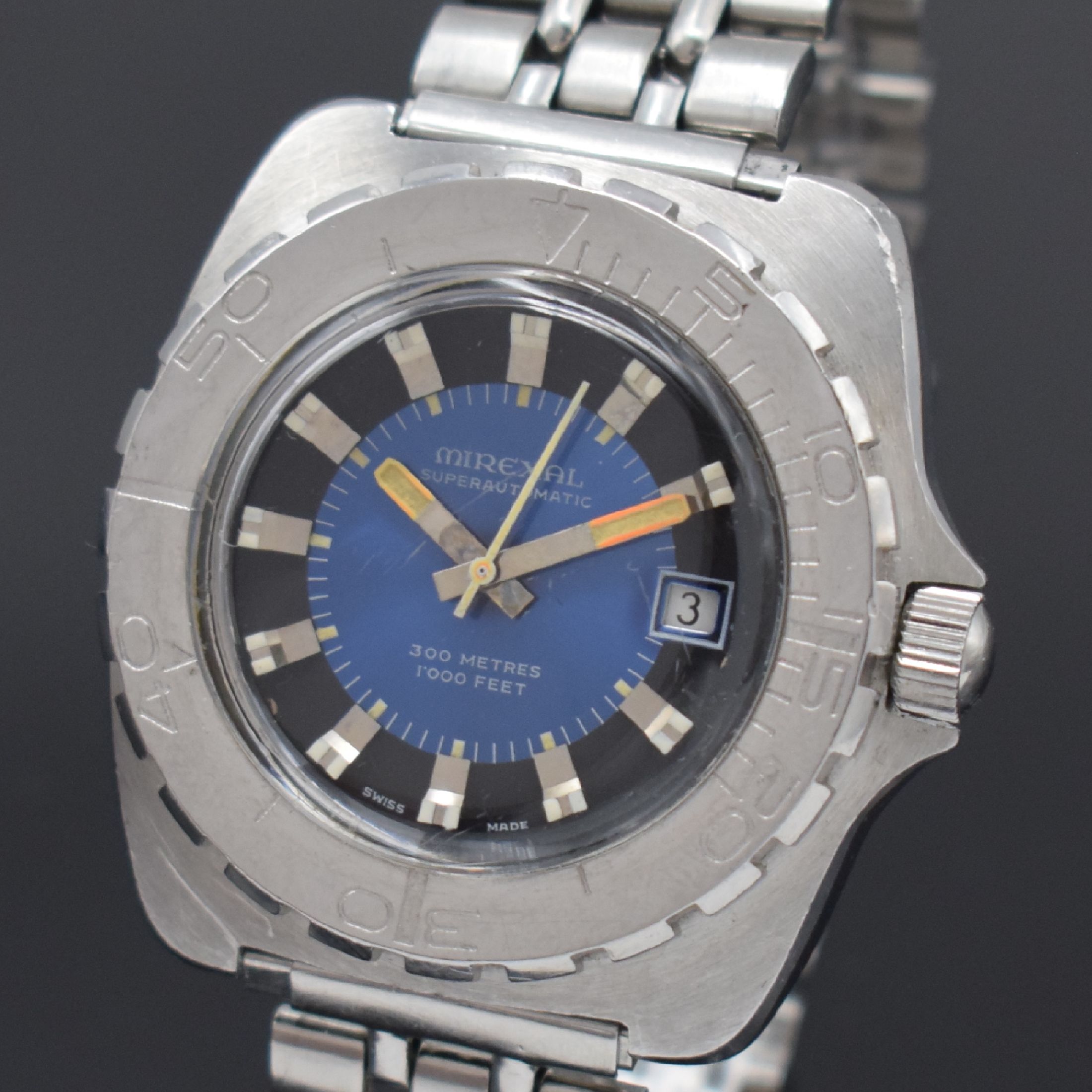 Detail a: MIREXAL Herren-Taucheruhr in Stahl, Automatik, Schweiz um 1970, Boden und Krone verschr., ab Herst. wasserd., beids. drehb. Stahl-Lünette mit 60er ...
