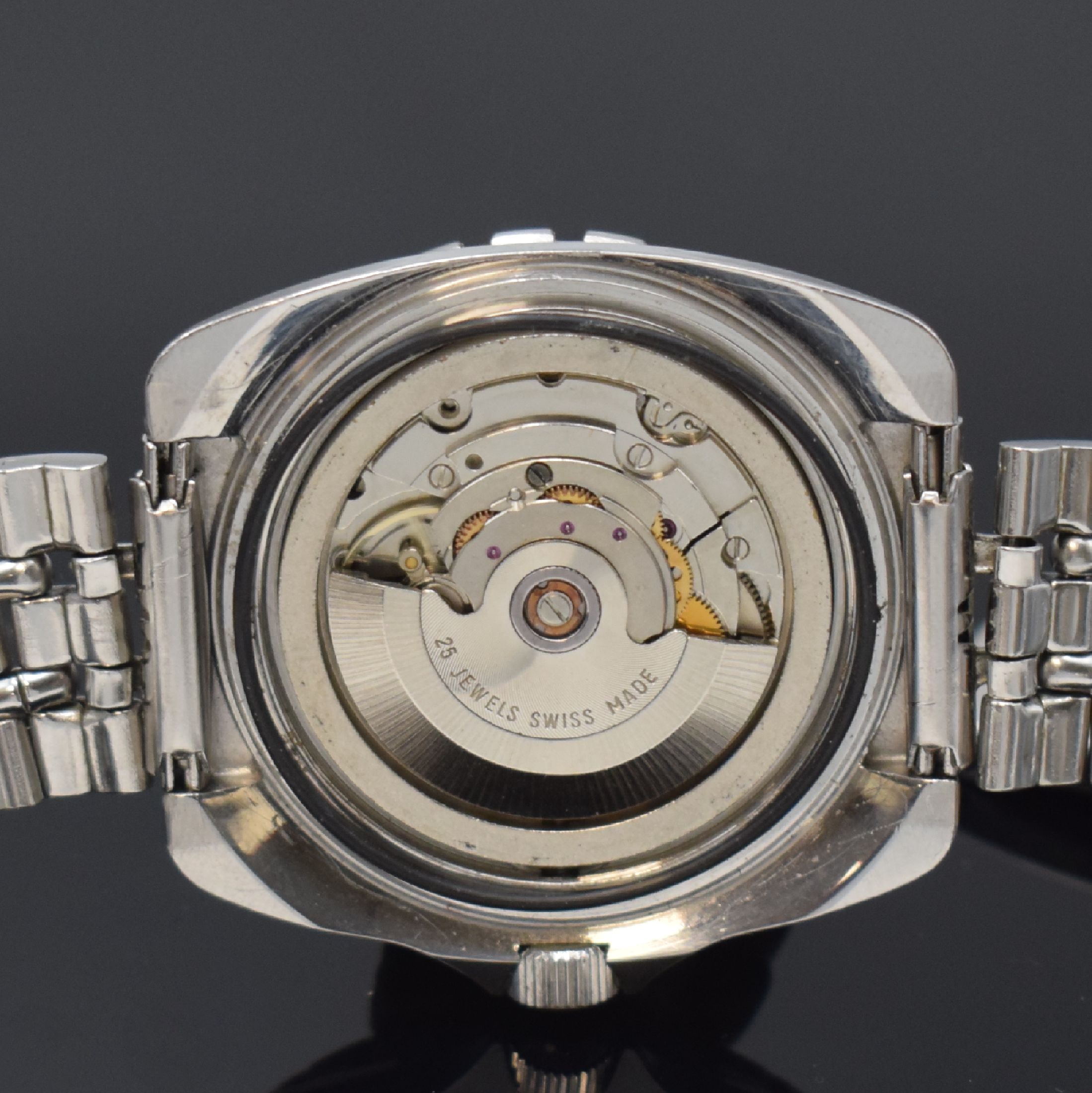 Detail e: MIREXAL Herren-Taucheruhr in Stahl, Automatik, Schweiz um 1970, Boden und Krone verschr., ab Herst. wasserd., beids. drehb. Stahl-Lünette mit 60er ...