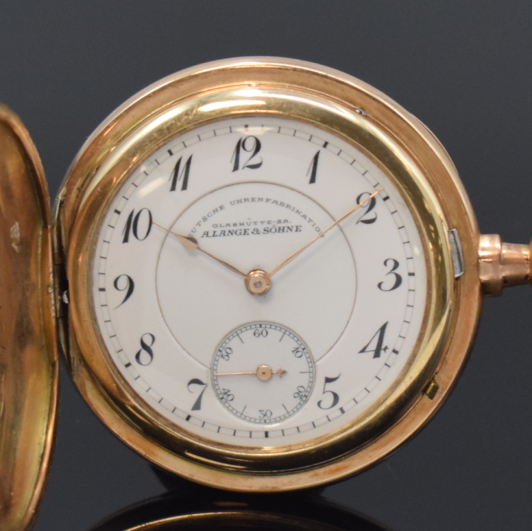 Detail a: A. LANGE & SÖHNE -DUF- Damensavonette in GG 585/000, Deutschland um 1915, glattes 3- Deckel-Goldgeh. m. gekürzten Scharnieren ...