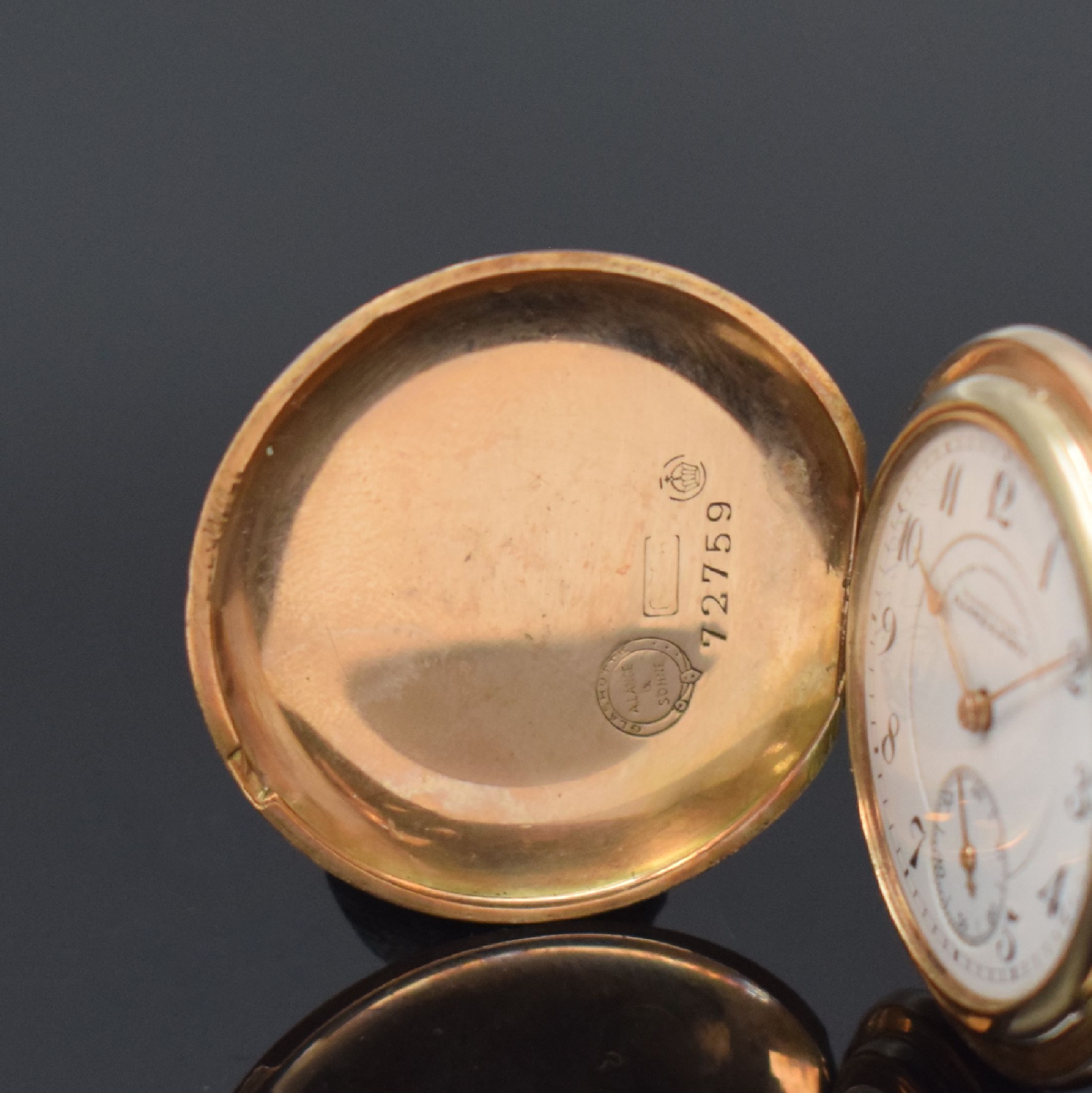 Detail b: A. LANGE & SÖHNE -DUF- Damensavonette in GG 585/000, Deutschland um 1915, glattes 3- Deckel-Goldgeh. m. gekürzten Scharnieren ...