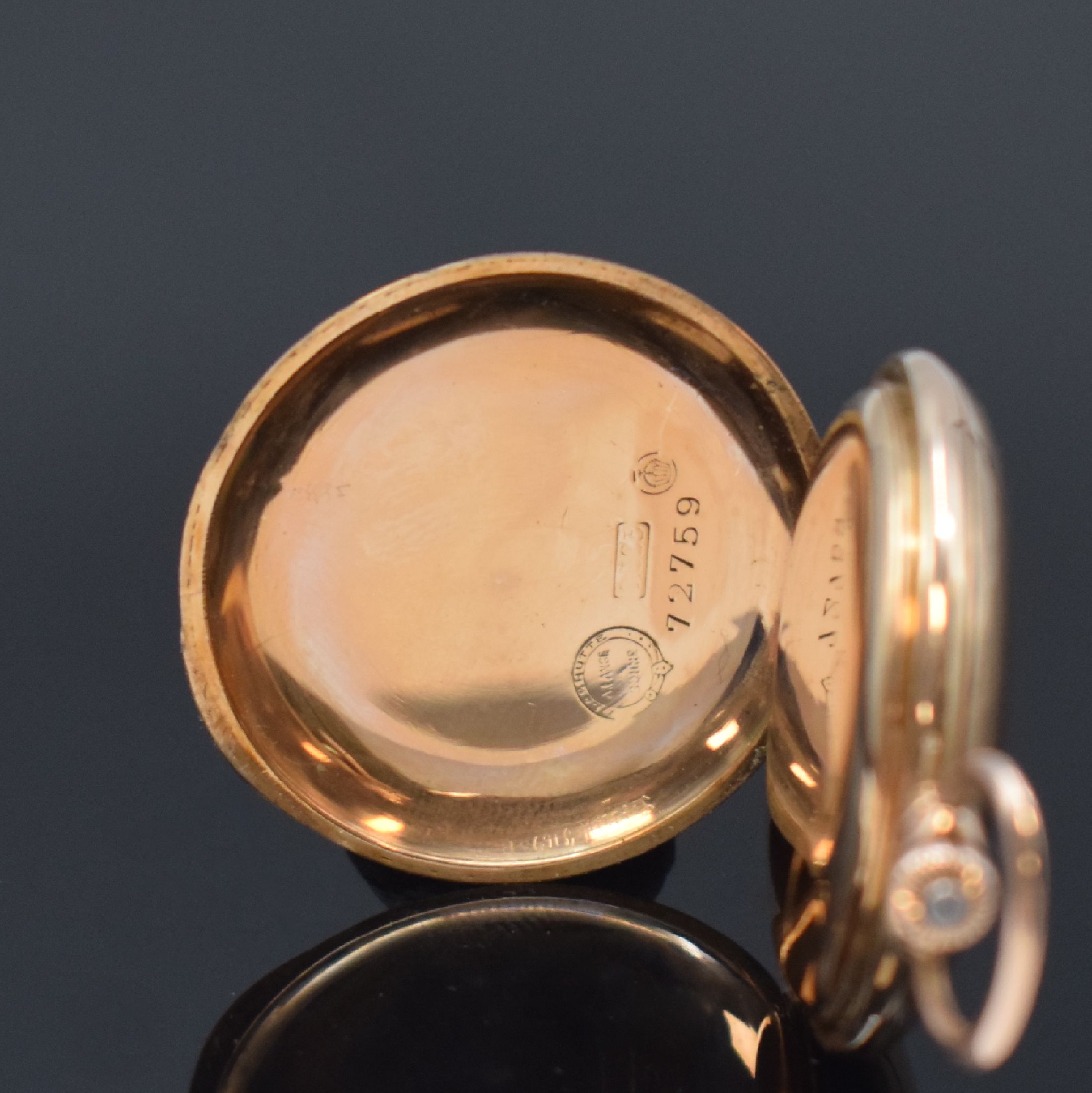 Detail d: A. LANGE & SÖHNE -DUF- Damensavonette in GG 585/000, Deutschland um 1915, glattes 3- Deckel-Goldgeh. m. gekürzten Scharnieren ...