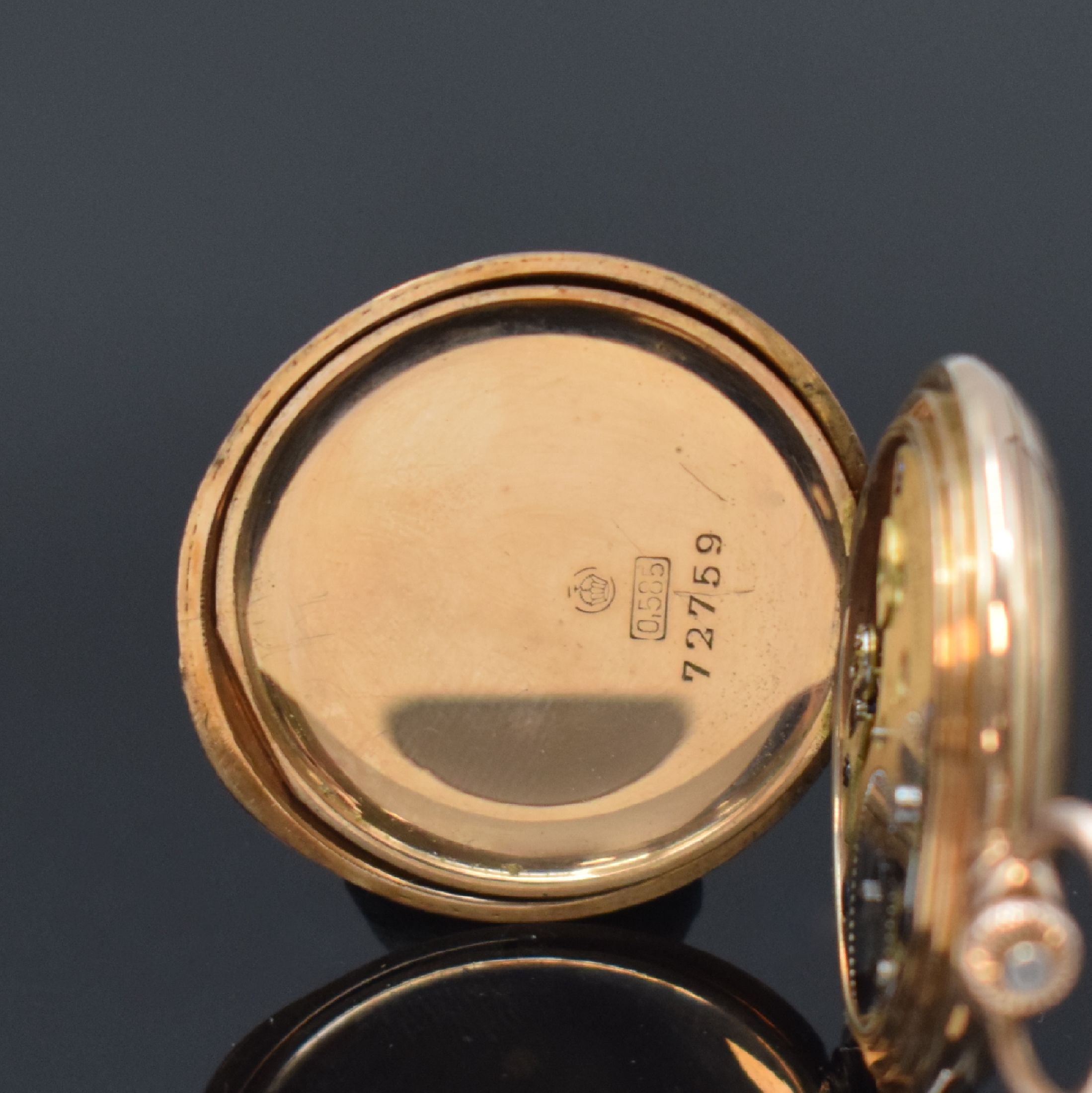 Detail f: A. LANGE & SÖHNE -DUF- Damensavonette in GG 585/000, Deutschland um 1915, glattes 3- Deckel-Goldgeh. m. gekürzten Scharnieren ...